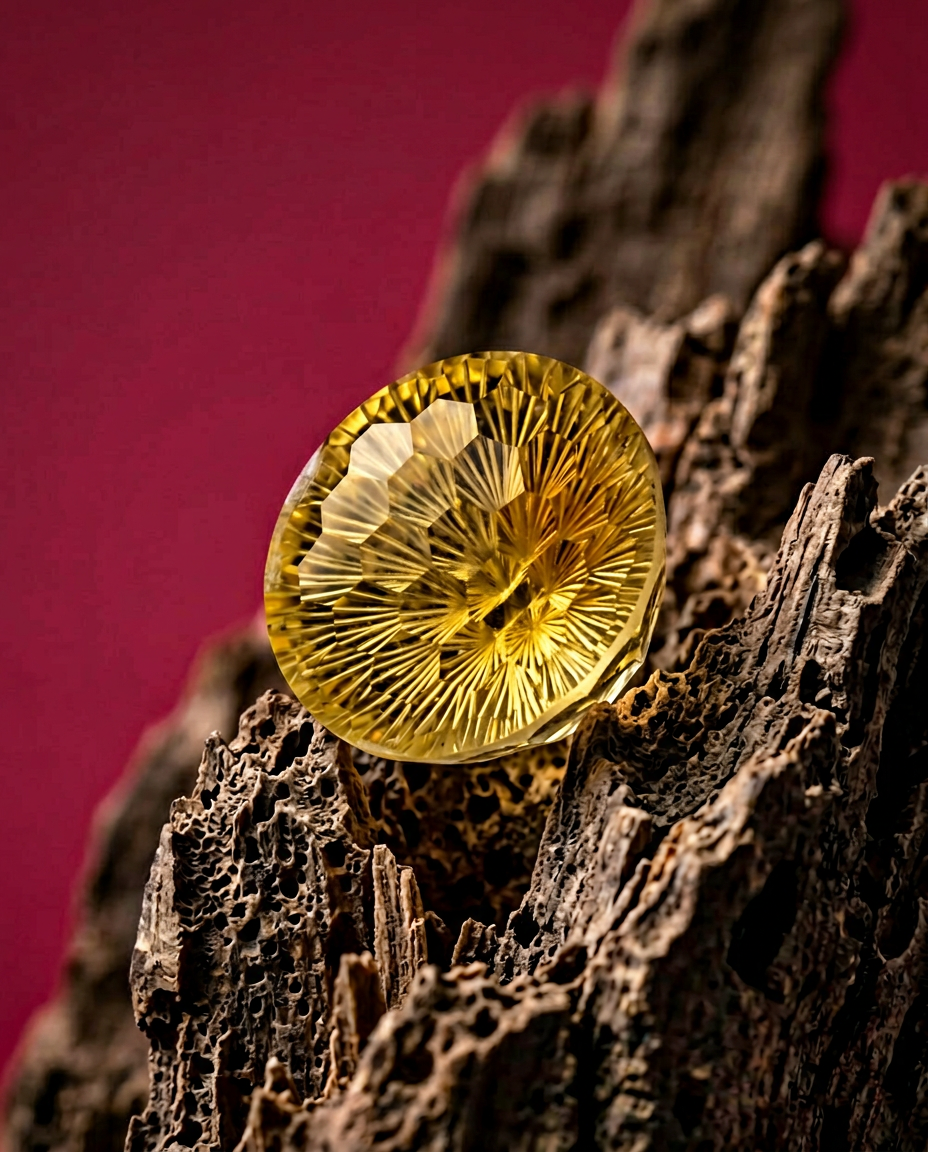 48.77ct Brazilian Yellow Honeycomb Starburst Citrine, round brilliant-cut gemstone from SkyJems' premium quartz collection