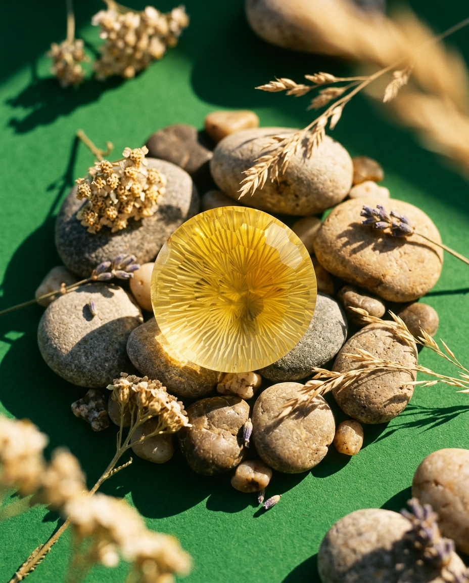 48.77 carat round Brazilian yellow citrine with honeycomb starburst cut, premium gemstone from SkyJems Canadian gem specialis