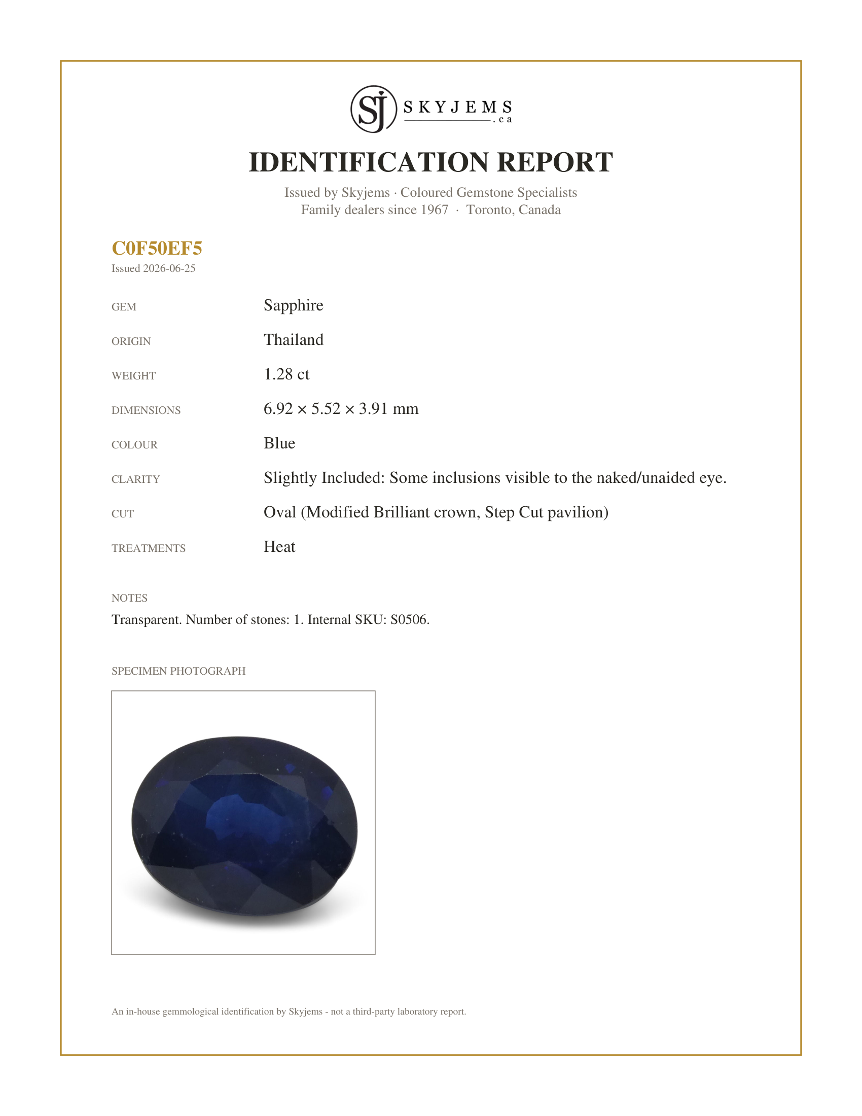 Skyjems Identification Report for S0506 — 1.28 ct Oval Sapphire Thailand
