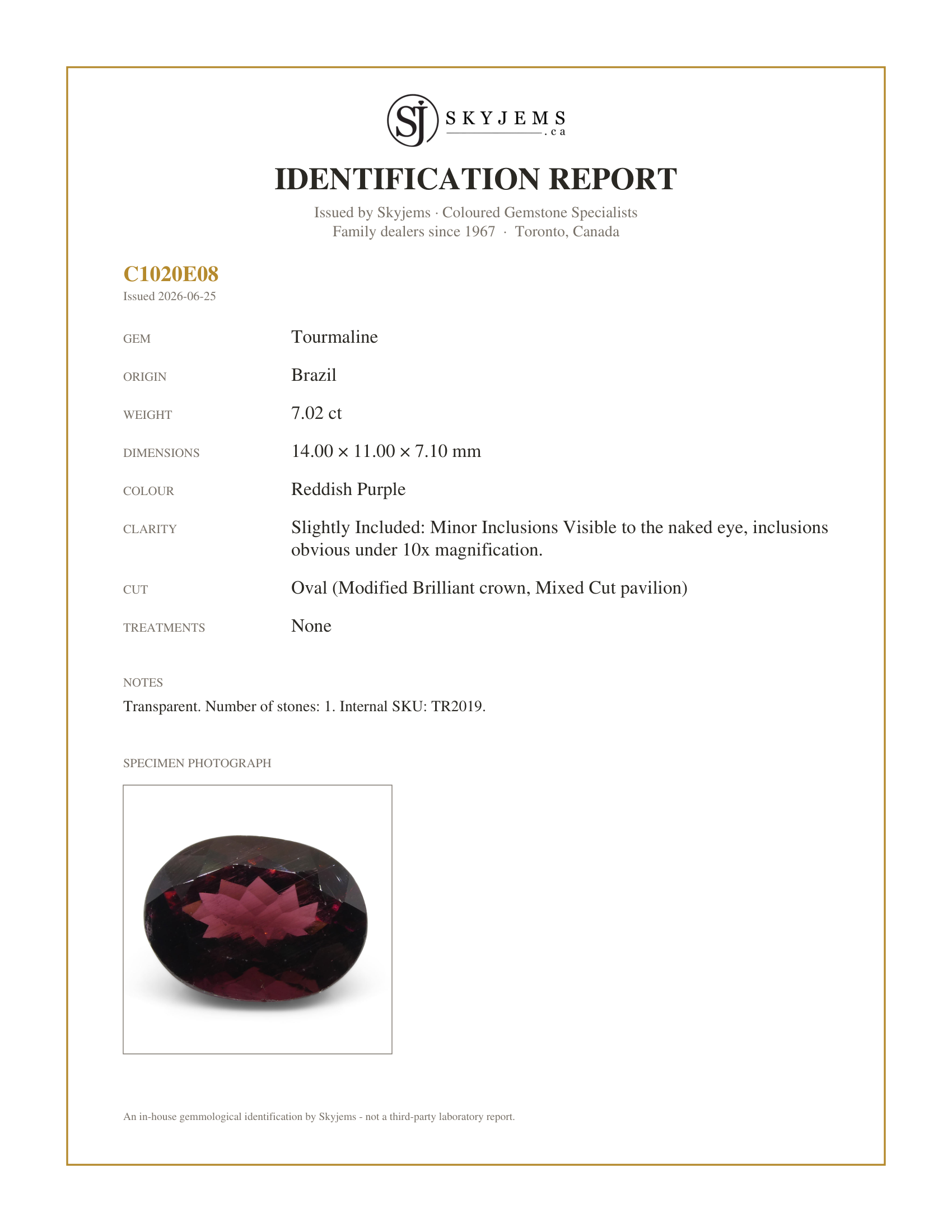 Skyjems Identification Report for TR2019 — 7.02ct Oval Reddish Purple Rubelite Tourmaline