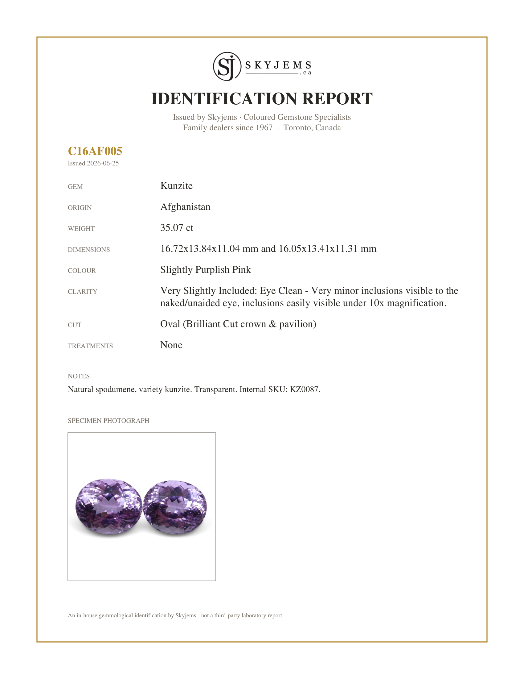 Skyjems Identification Report for KZ0087 — 35.07 ct Pair Oval Kunzite