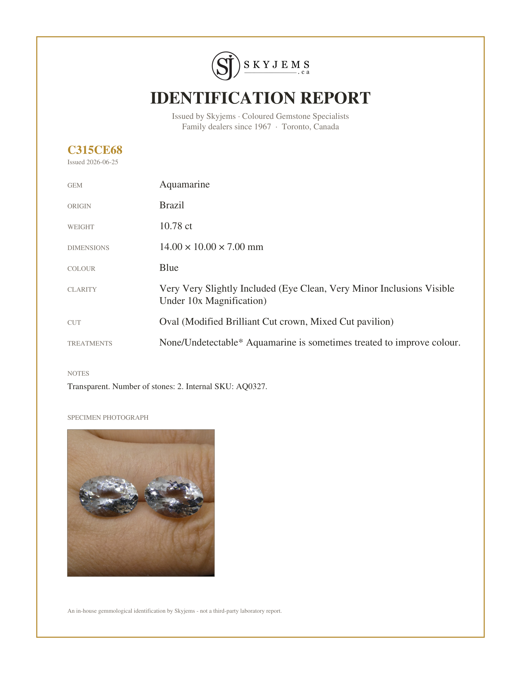 Skyjems Identification Report for AQ0327 — 10.78ct Oval Aquamarine Pair