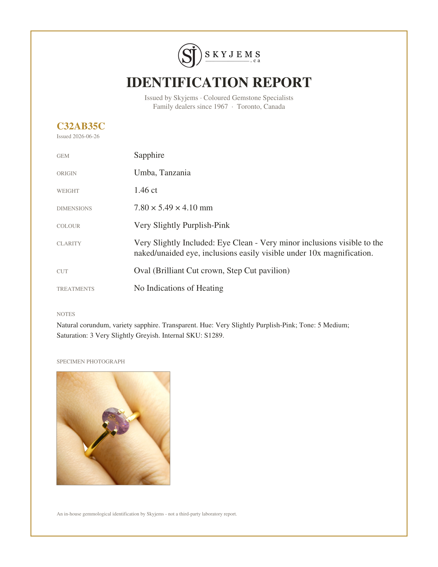 Skyjems Identification Report for S1289 — 1.46ct Oval Purplish-Pink Sapphire from Umba, Tanzania, Unheated