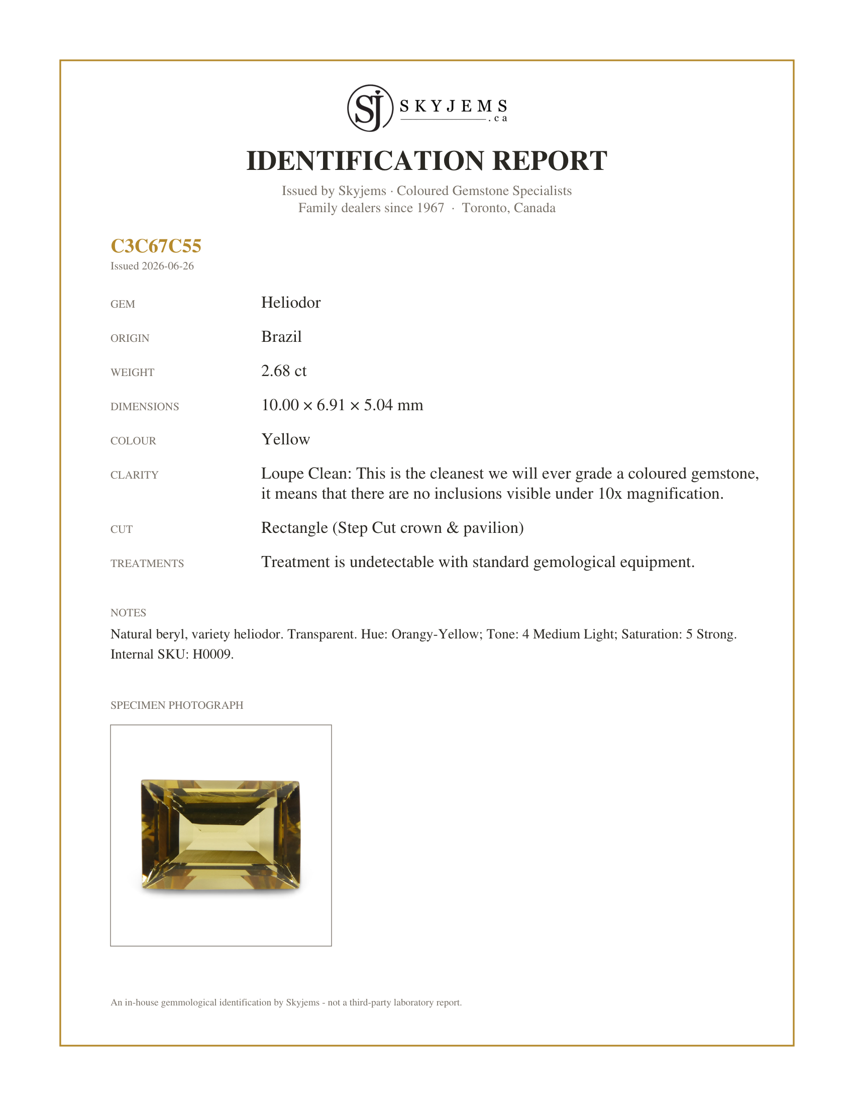 Skyjems Identification Report for H0009 — 2.68ct Rectangle Heliodor, Golden Yellow Beryl