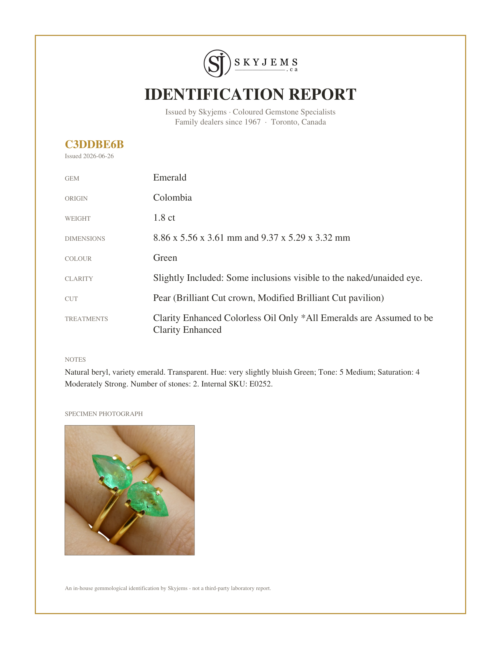 Skyjems Identification Report for E0252 — 1.8ct Pair Pear Green Emerald from Colombia