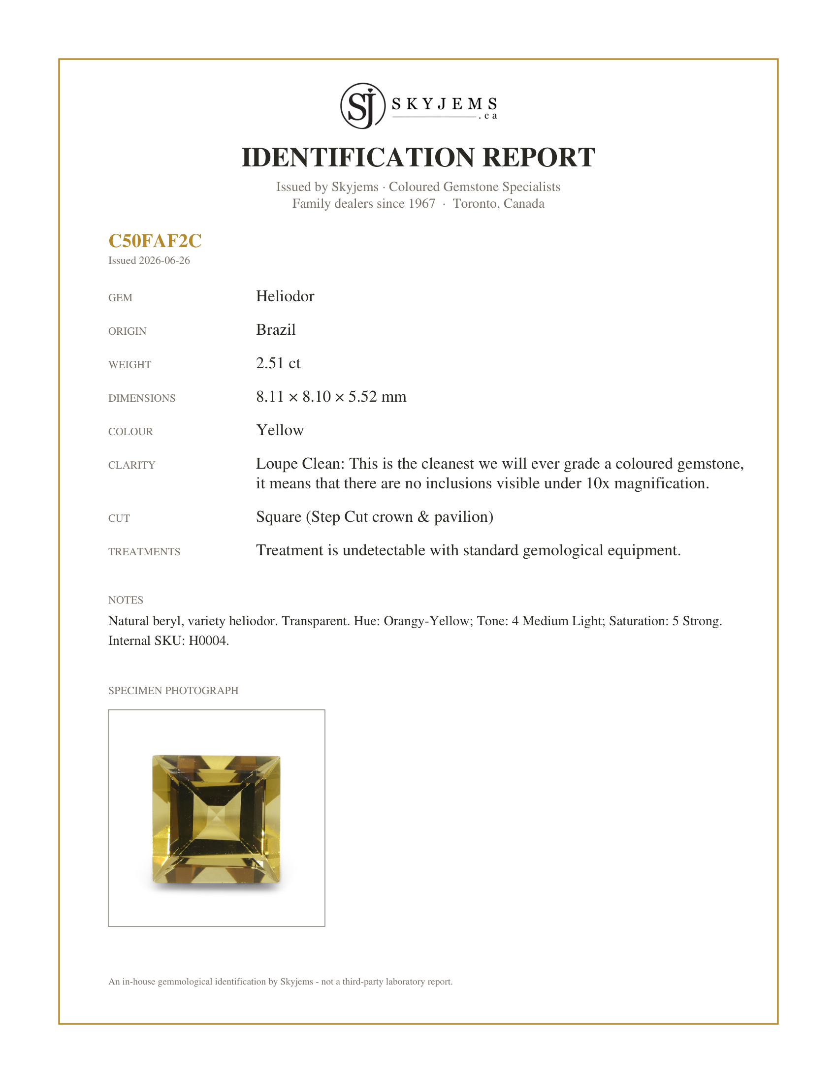 Skyjems Identification Report for H0004 — 2.51ct Square Heliodor, Golden Yellow Beryl