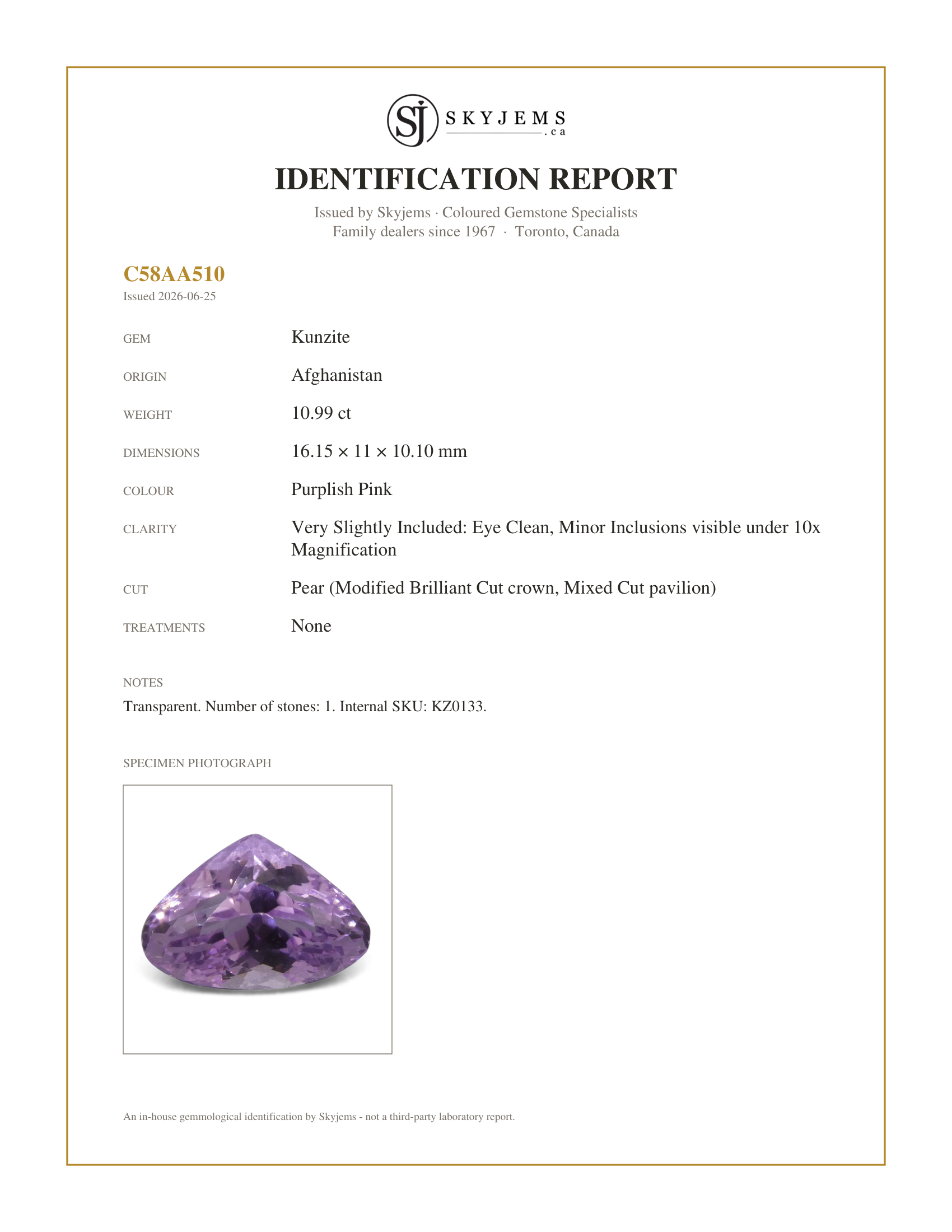 Skyjems Identification Report for KZ0133 — 10.99 ct Pear Kunzite