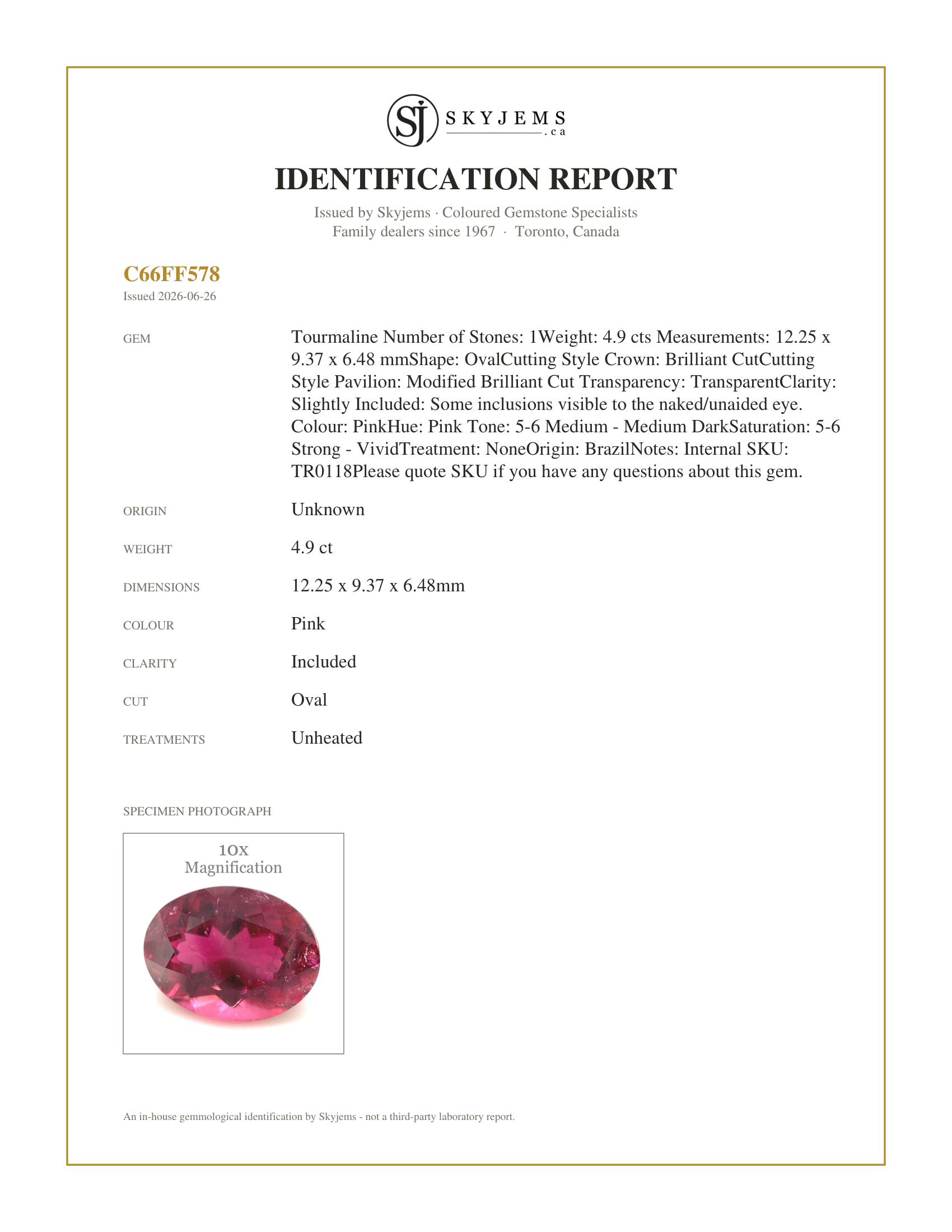 Skyjems Identification Report for TR0118 — 4.9ct Oval Pink Tourmaline