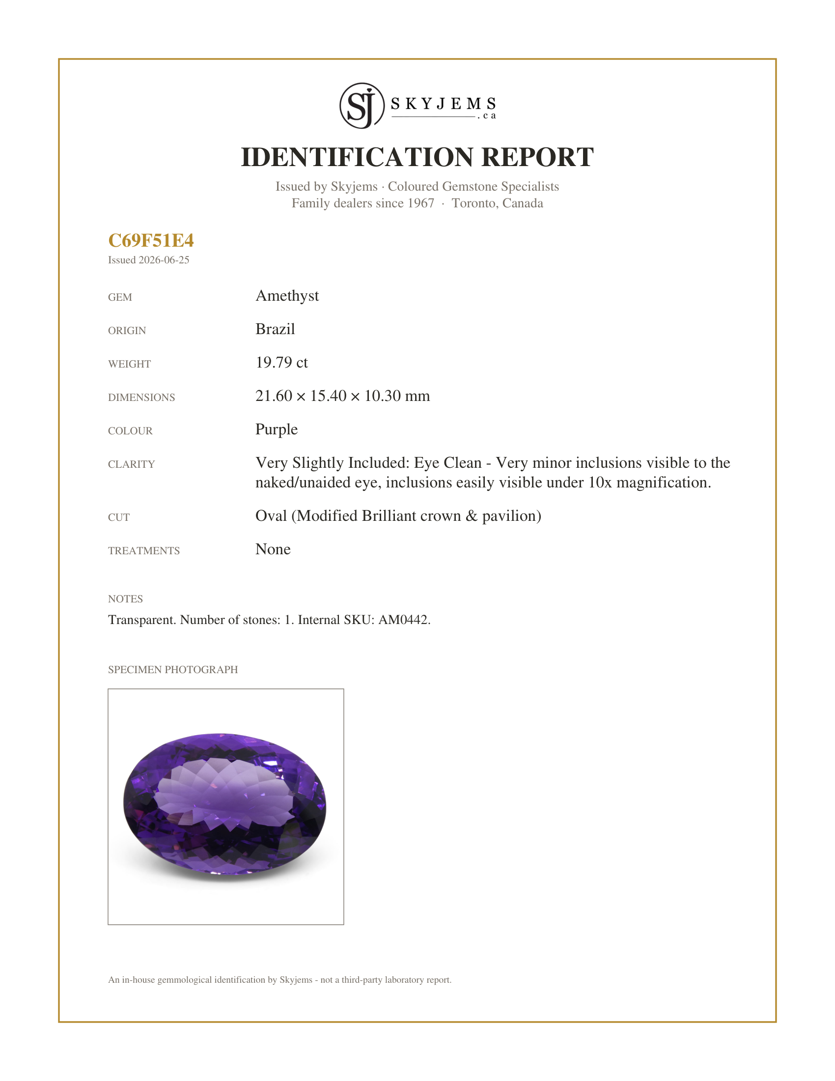 Skyjems Identification Report for AM0442 — 19.79 ct Oval Amethyst