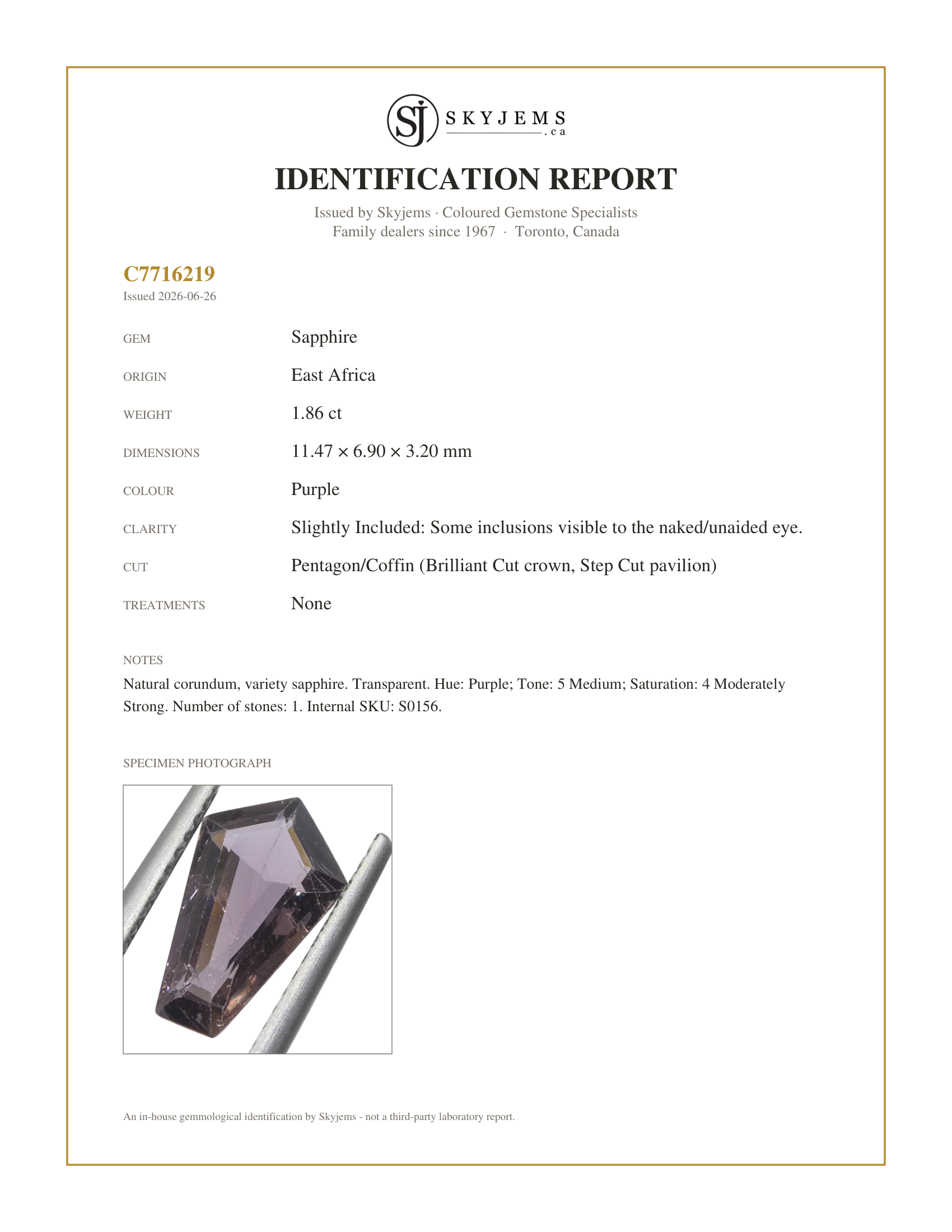 Skyjems Identification Report for S0156 — 1.86ct Pentagon/Coffin Purple Sapphire from East Africa