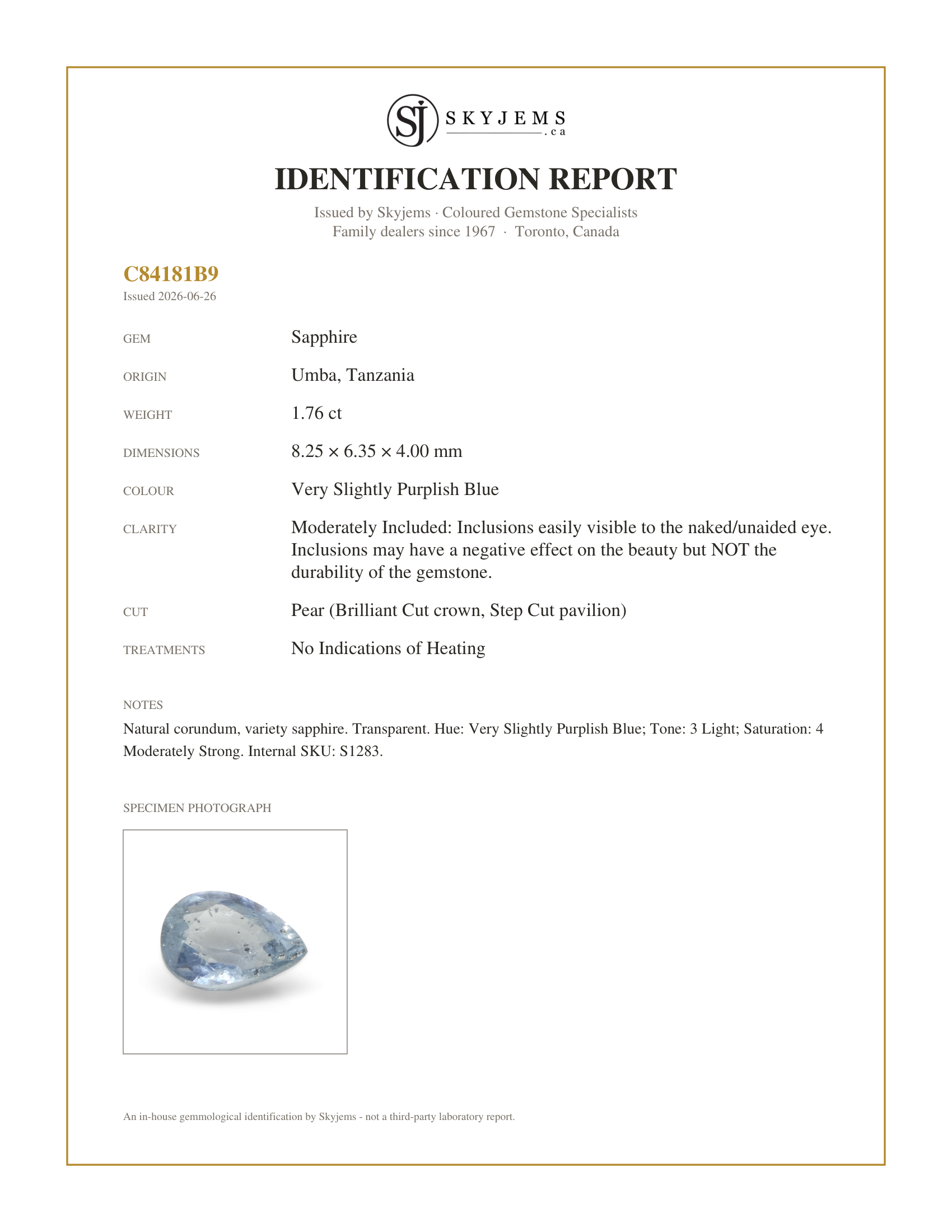 Skyjems Identification Report for S1283 — 1.76ct Pear Blue Sapphire from Umba, Tanzania, Unheated