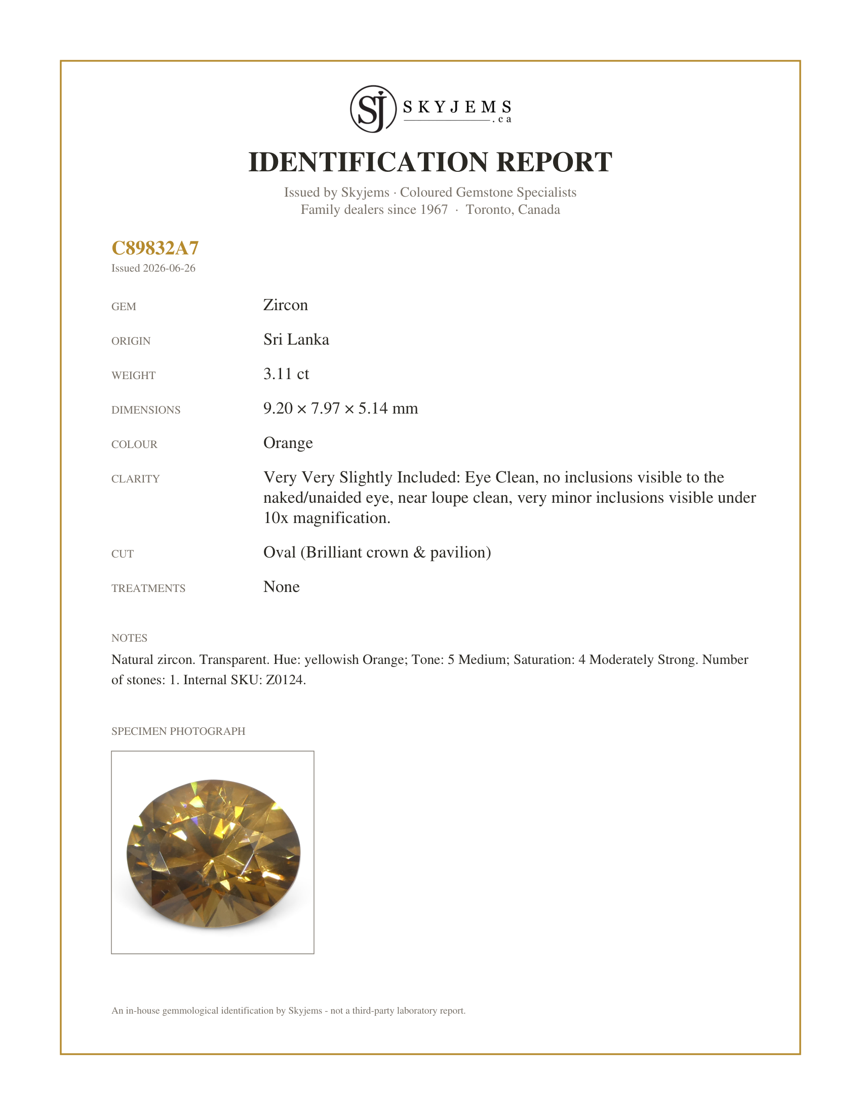 Skyjems Identification Report for Z0124 — 3.11ct Natural Earth Mined Oval Master Brilliant Cut Orange Zircon from Sri Lanka