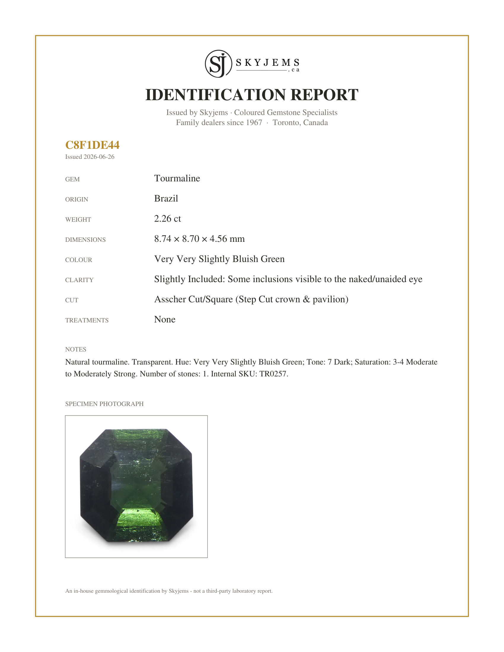 Skyjems Identification Report for TR0257 — 2.26ct Asscher Cut/Square Green Tourmaline