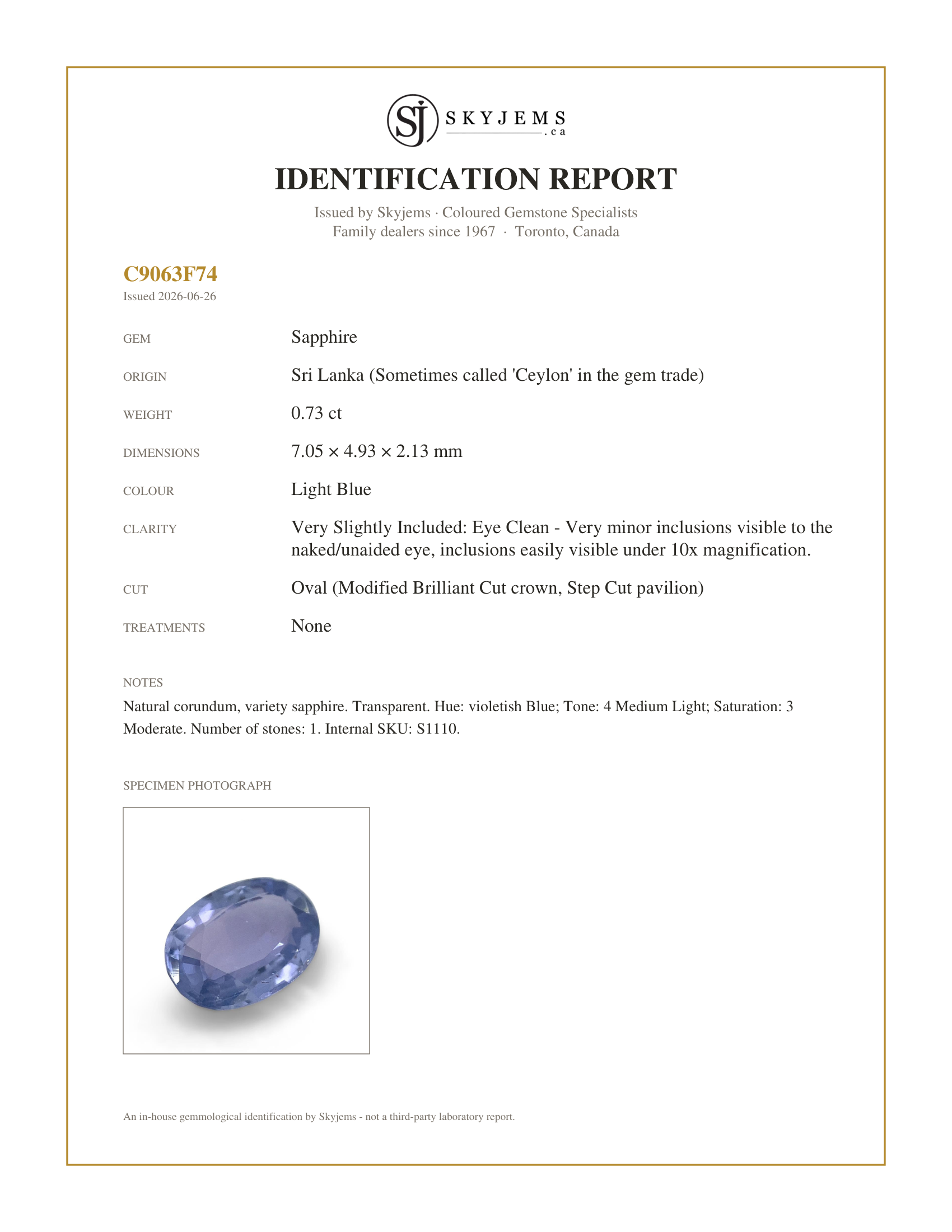 Skyjems Identification Report for S1110 — 0.73ct Oval Icy Blue Sapphire from Sri Lanka Unheated