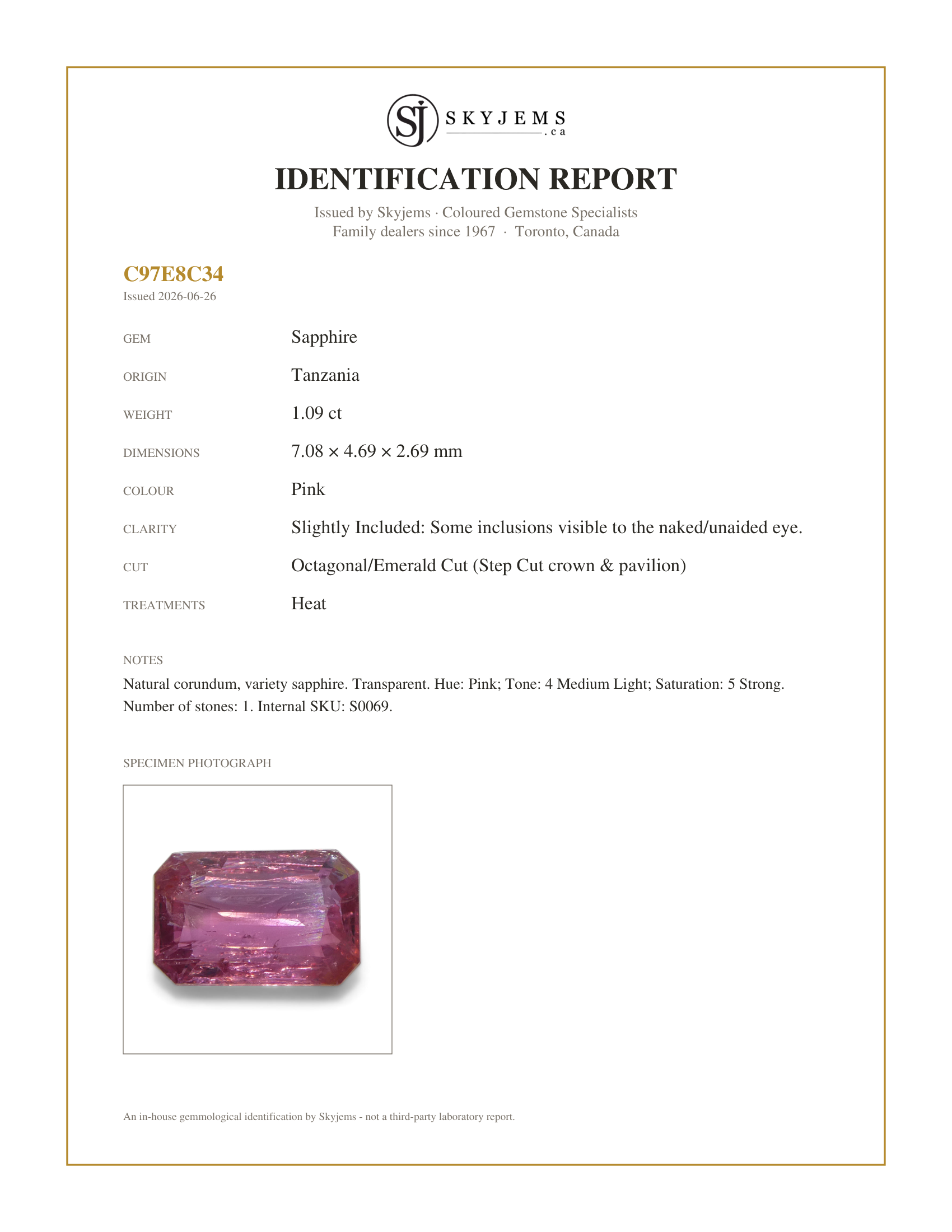 Skyjems Identification Report for S0069 — 1.09ct Octagonal/Emerald Cut Pink Sapphire from Tanzania