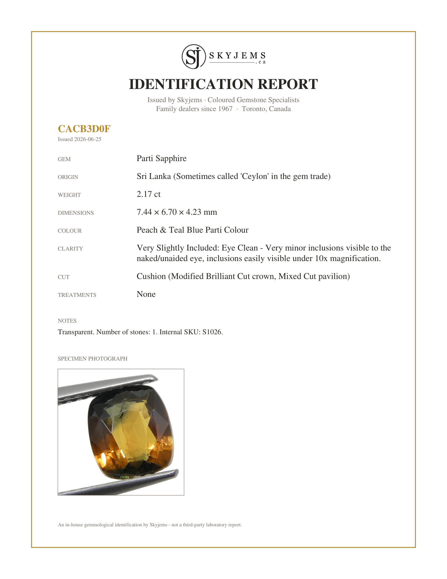 Skyjems Identification Report for S1026 — 2.17ct Cushion Peach & Teal Blue Parti Colour Sapphire