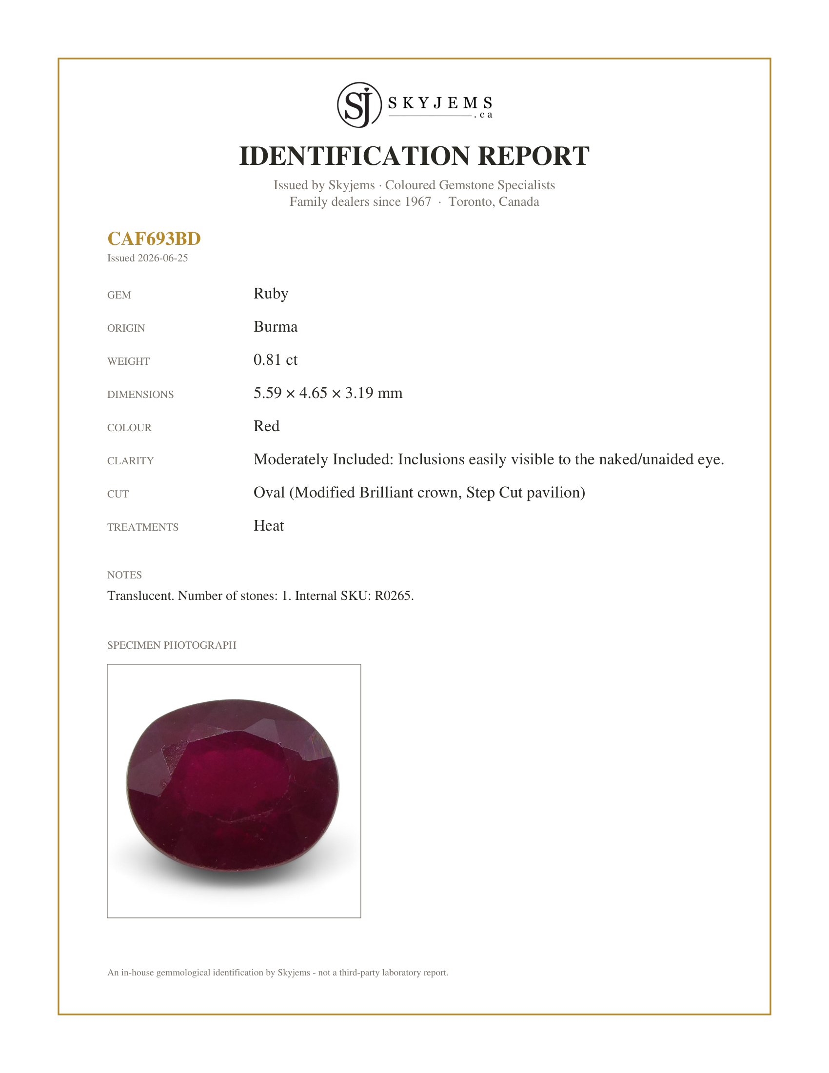 Skyjems Identification Report for R0265 — 0.81 ct Oval Ruby Burma