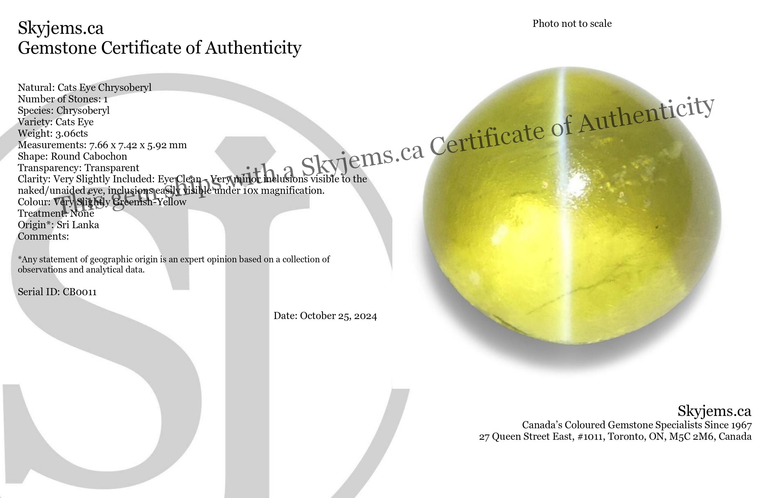 3.06ct Round Cabochon Greenish-Yellow Cats Eye Chrysoberyl - Skyjems Wholesale Gemstones