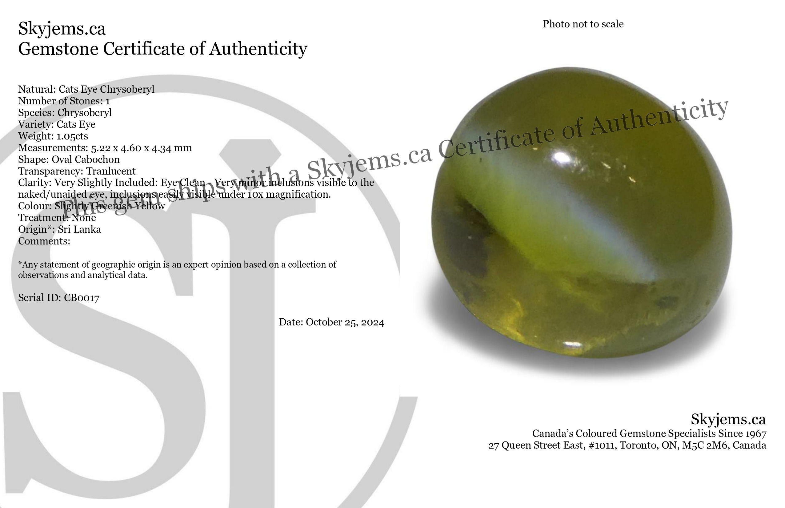1.05ct Oval Cabochon Greenish Yellow Cats Eye Chrysoberyl - Skyjems Wholesale Gemstones