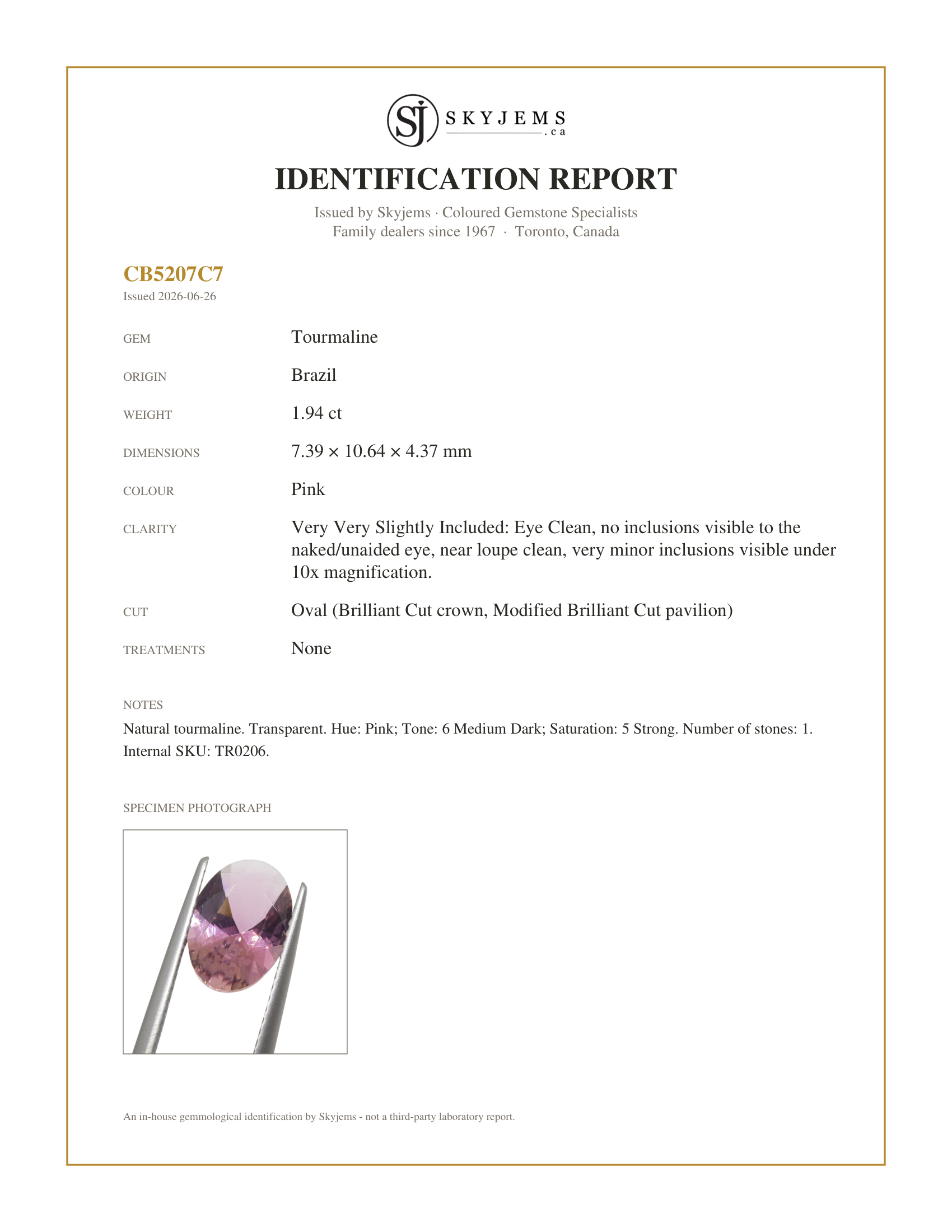 Skyjems Identification Report for TR0206 — 1.94ct Oval Pink Tourmaline