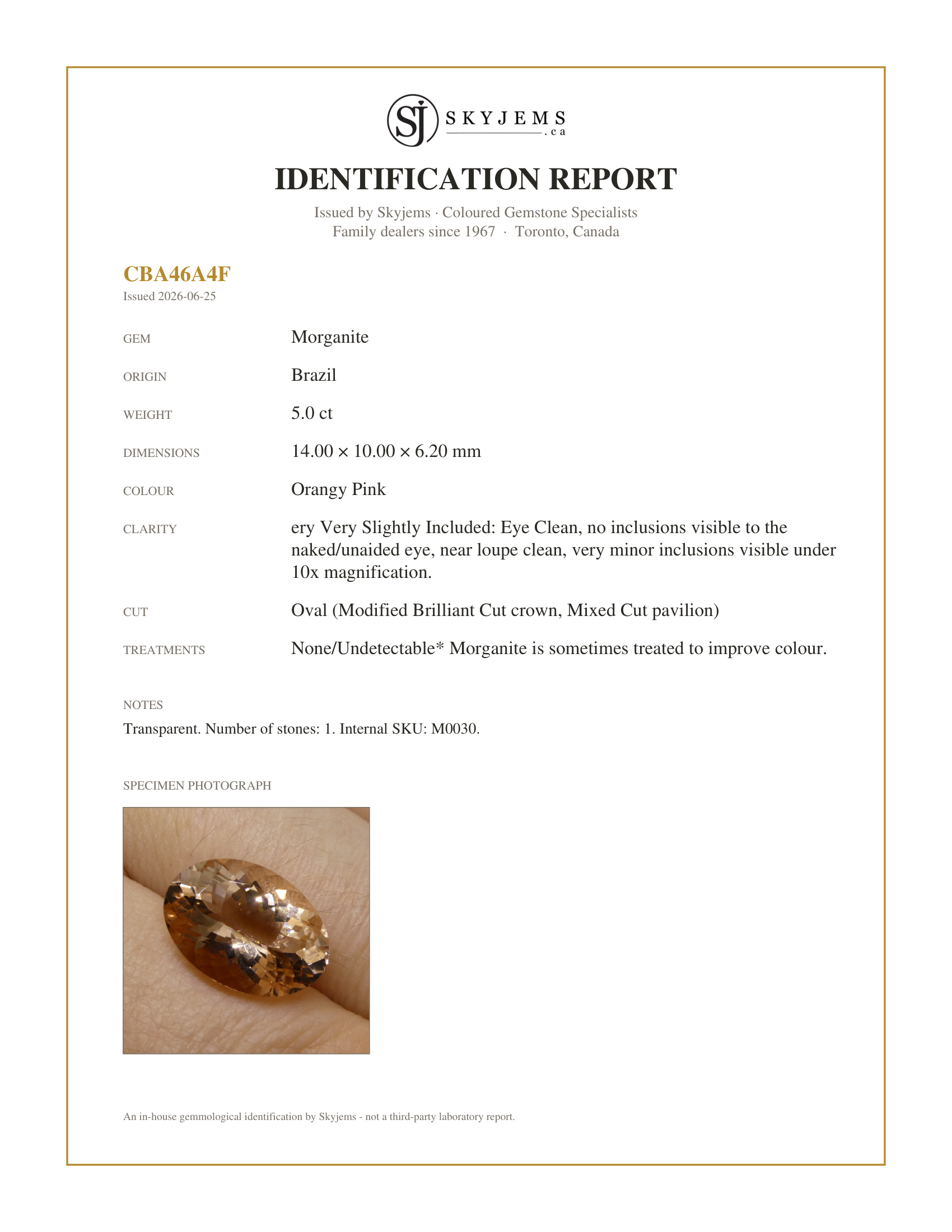 Skyjems Identification Report for M0030 — 5.00ct Oval Morganite