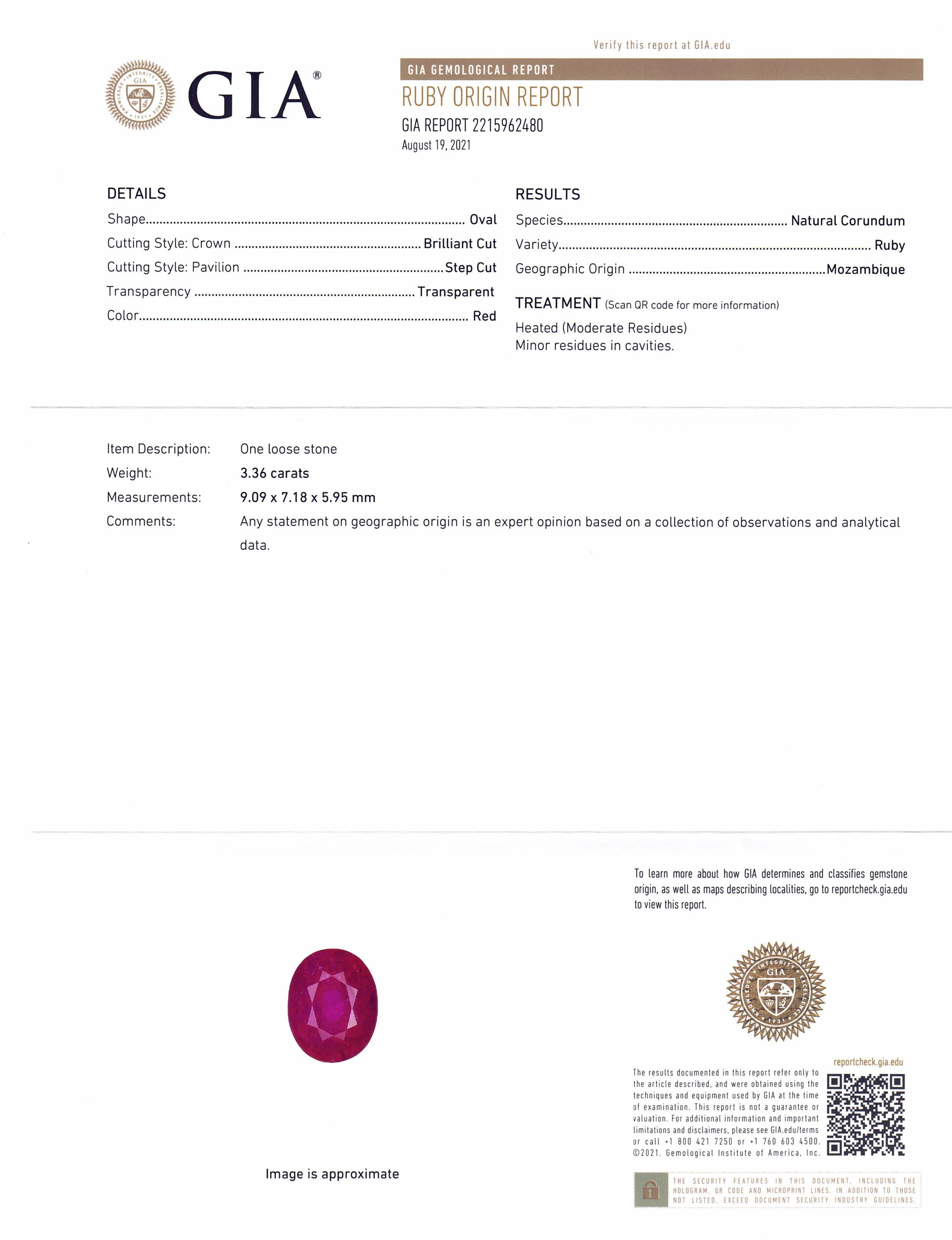 3.36ct Oval Mozambique Red Ruby, GIA Certified Natural Gemstone by SkyJems, Premium Collector's Rare Stone