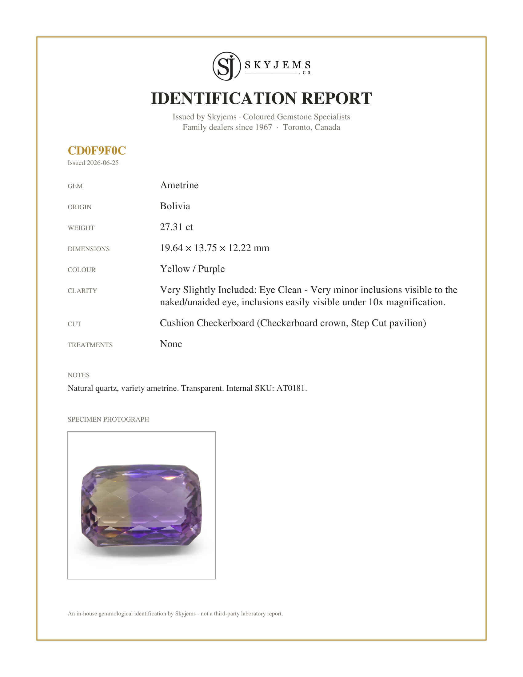 Skyjems Identification Report for AT0181 — 27.31 ct Cushion Checkerboard Ametrine, 100% Natural Very Rare Single Source Gem from Bolivia