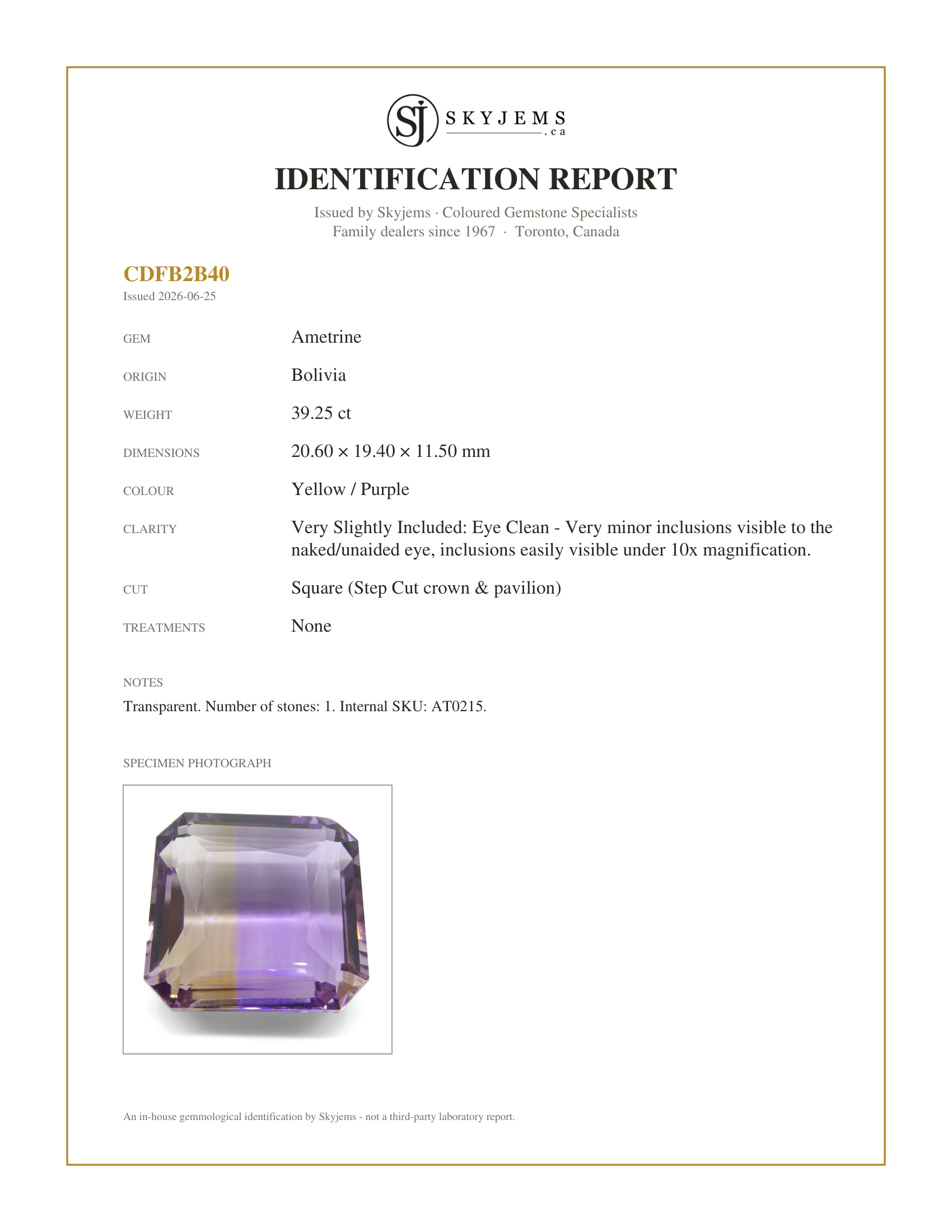 Skyjems Identification Report for AT0215 — 39.25 ct Square Ametrine, 100% Natural Very Rare Single Source Gem from Bolivia
