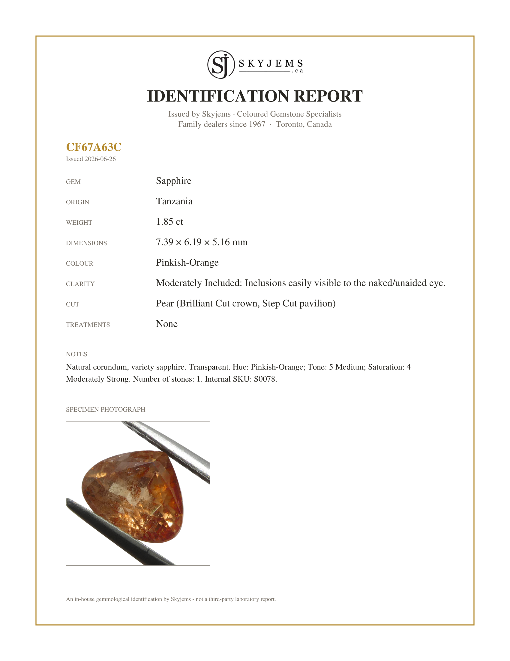Skyjems Identification Report for S0078 — 1.85ct Pear Pinkish-Orange Sapphire from Tanzania, Unheated