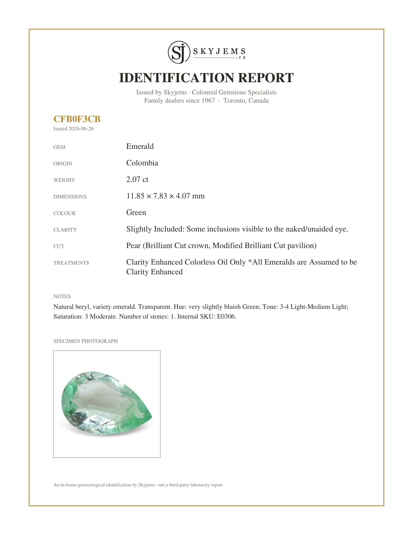 Skyjems Identification Report for E0306 — 2.07ct Pear Green Emerald from Colombia