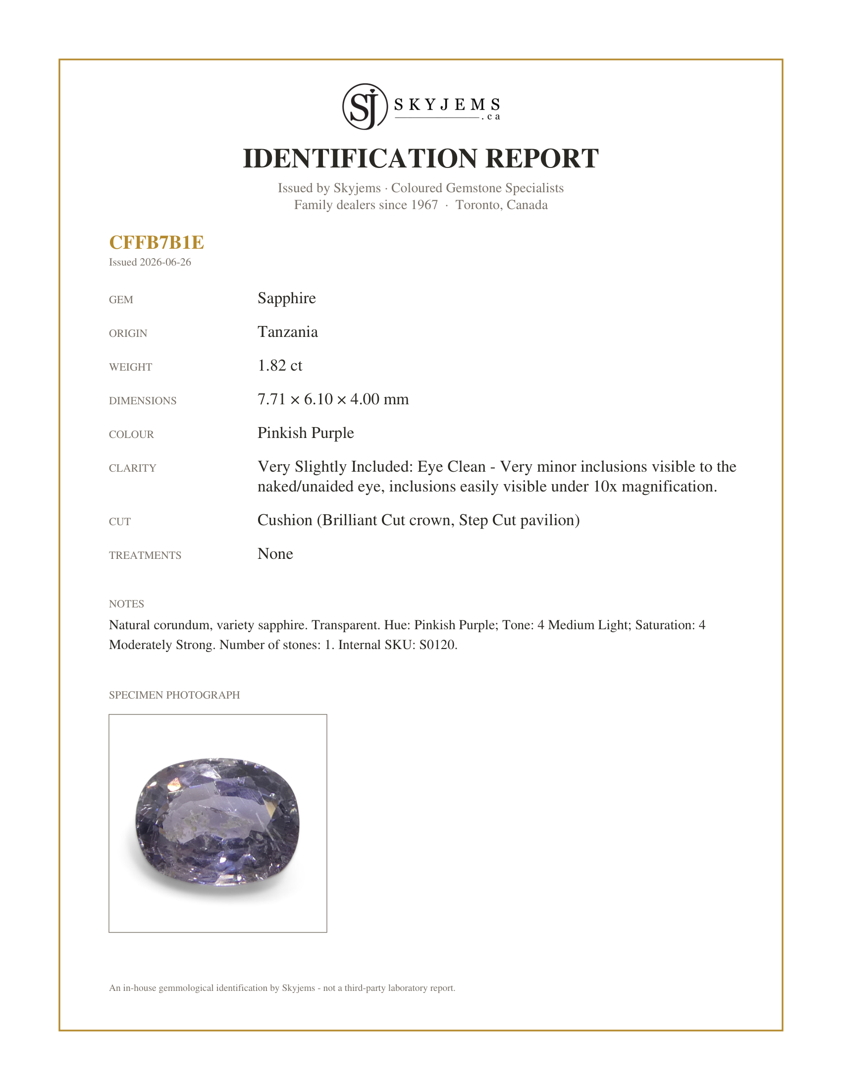 Skyjems Identification Report for S0120 — 1.82ct Cushion Purple Sapphire from Tanzania Unheated