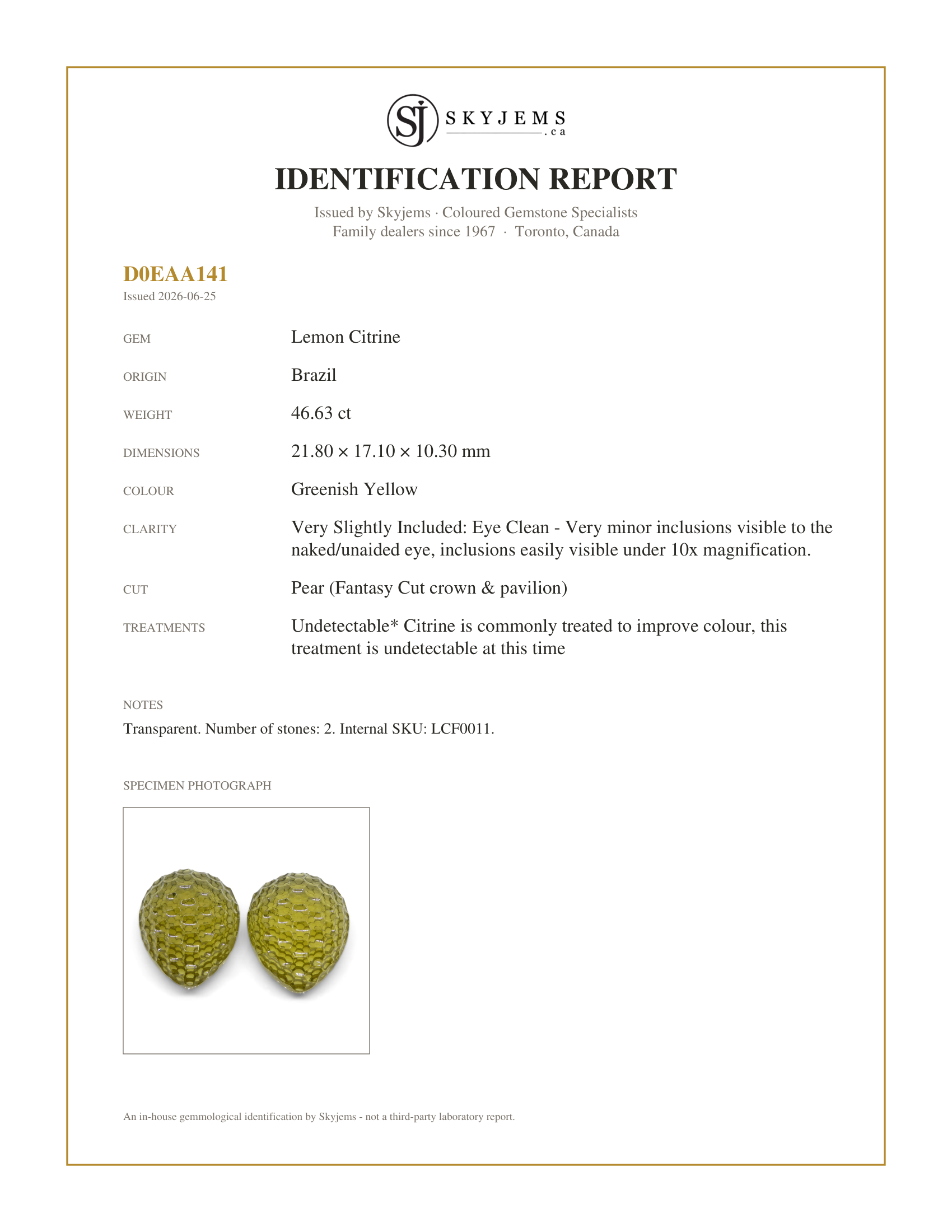 Skyjems Identification Report for LCF0011 — 46.63ct Pear Lemon Citrine Fantasy/Fancy Cut Pair