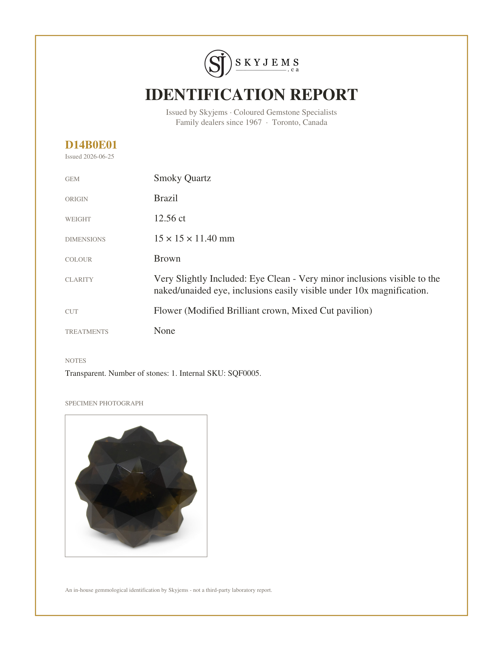 Skyjems Identification Report for SQF0005 — 12.56ct Flower Smoky Quartz Fantasy/Fancy Cut