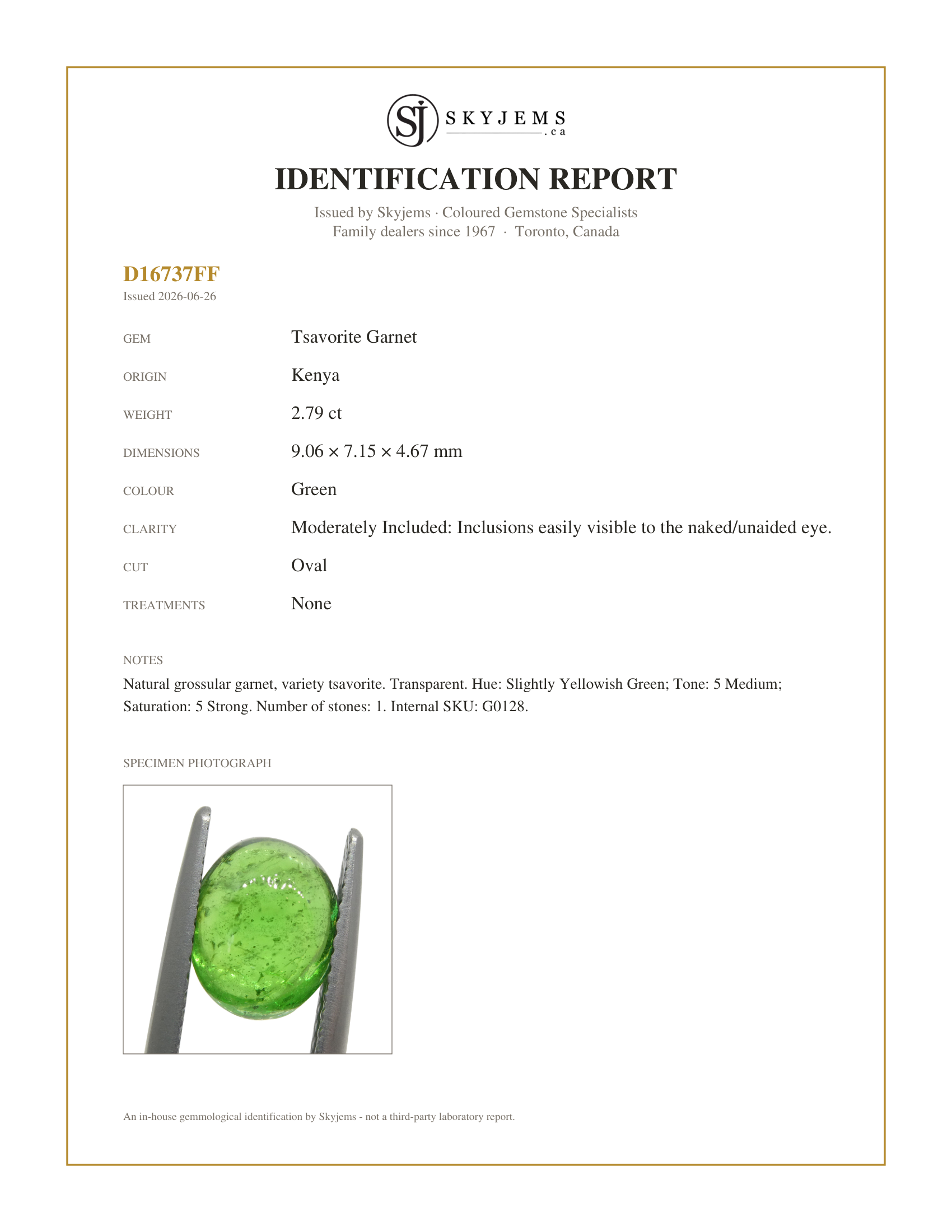 Skyjems Identification Report for G0128 — 2.79ct Oval Cabochon Green Tsavorite Garnet from Kenya, Unheated