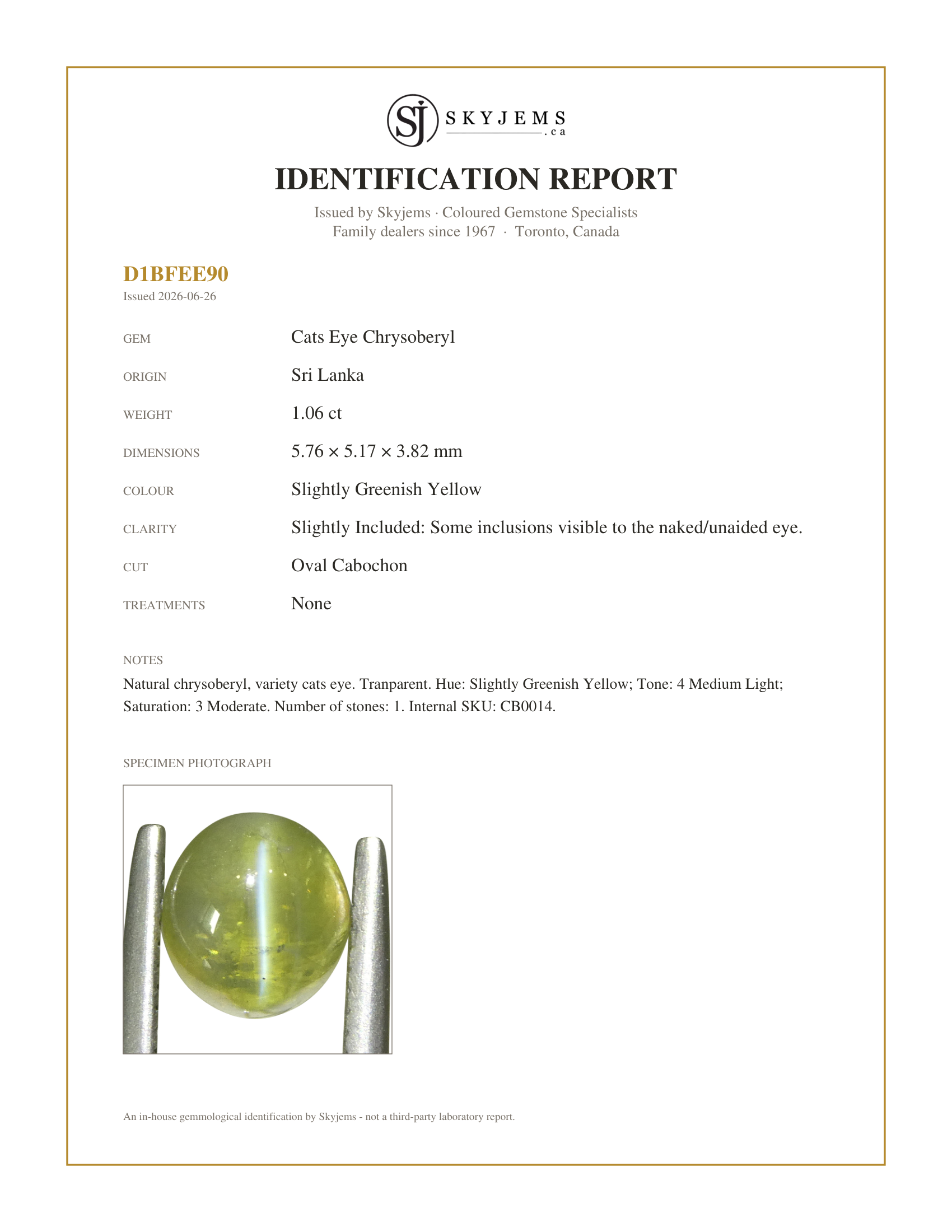 Skyjems Identification Report for CB0014 — 1.06ct Oval Cabochon Greenish Yellow Cats Eye Chrysoberyl