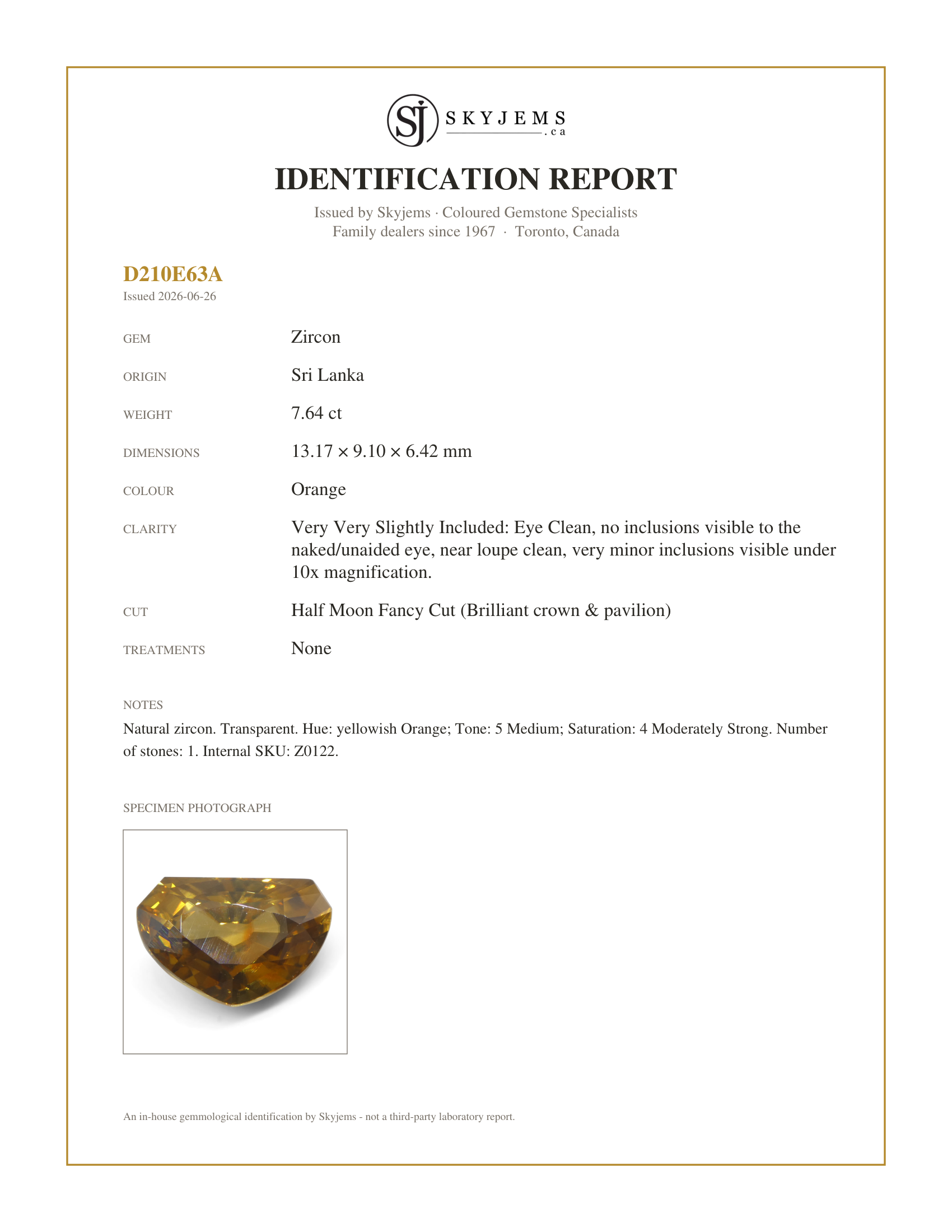Skyjems Identification Report for Z0122 — 7.64ct Natural Earth Mined Half Moon Fancy Cut Orange Zircon from Sri Lanka