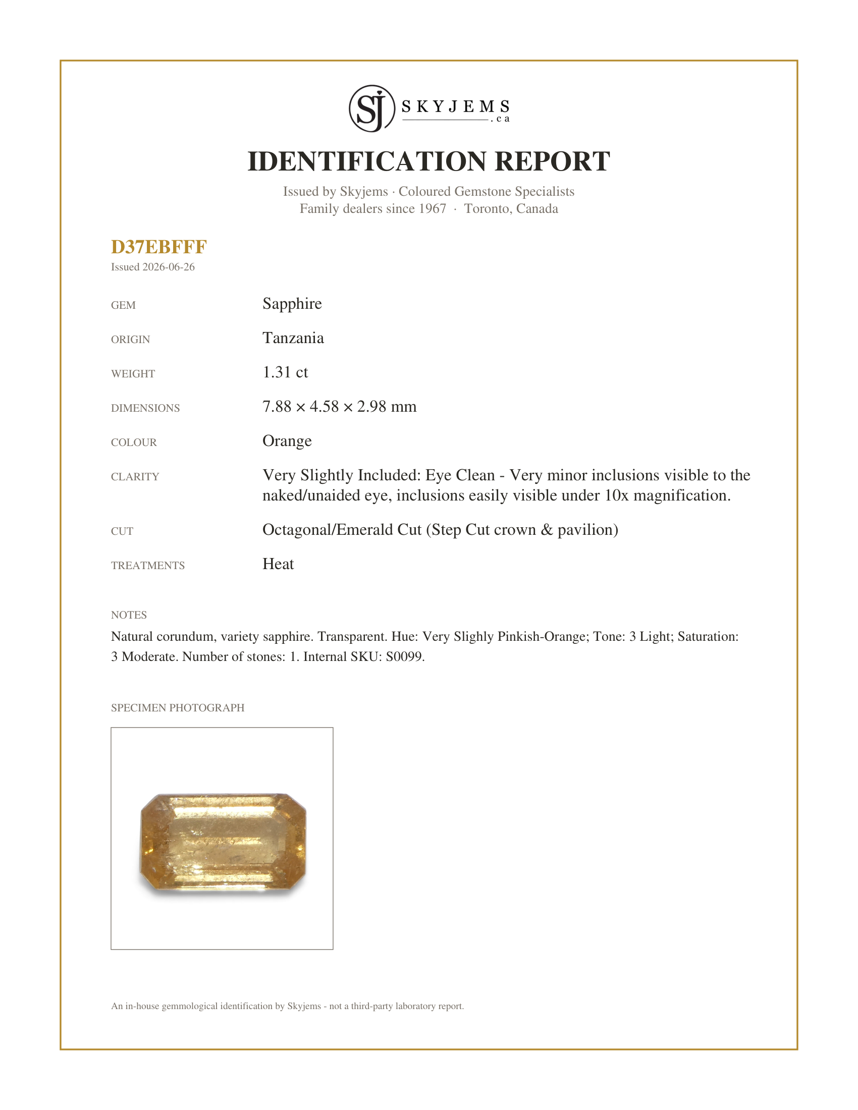 Skyjems Identification Report for S0099 — 1.31ct Octagonal/Emerald Cut Orange Sapphire from Tanzania