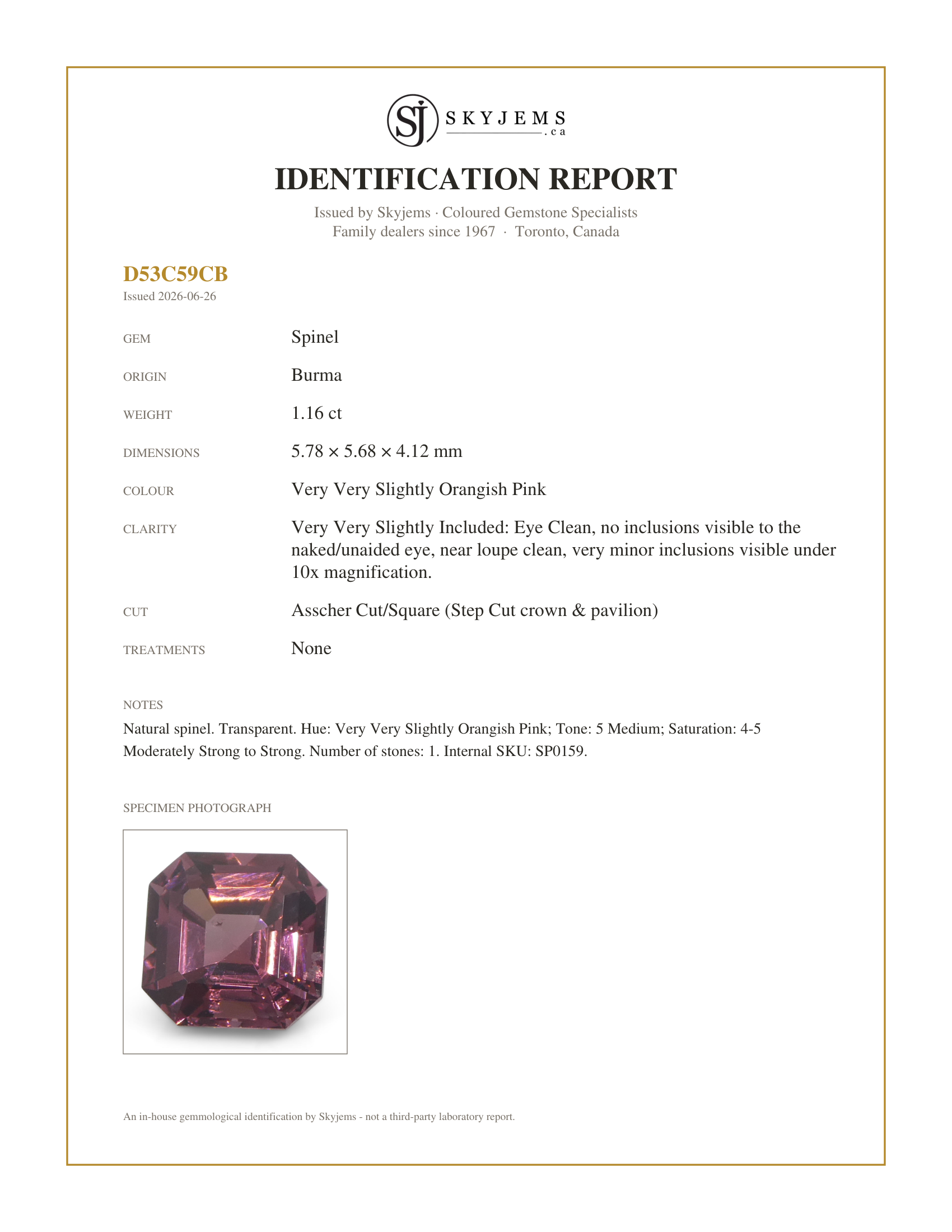 Skyjems Identification Report for SP0159 — 1.16ct Asscher Cut/Square Pink Spinel from Burma Unheated