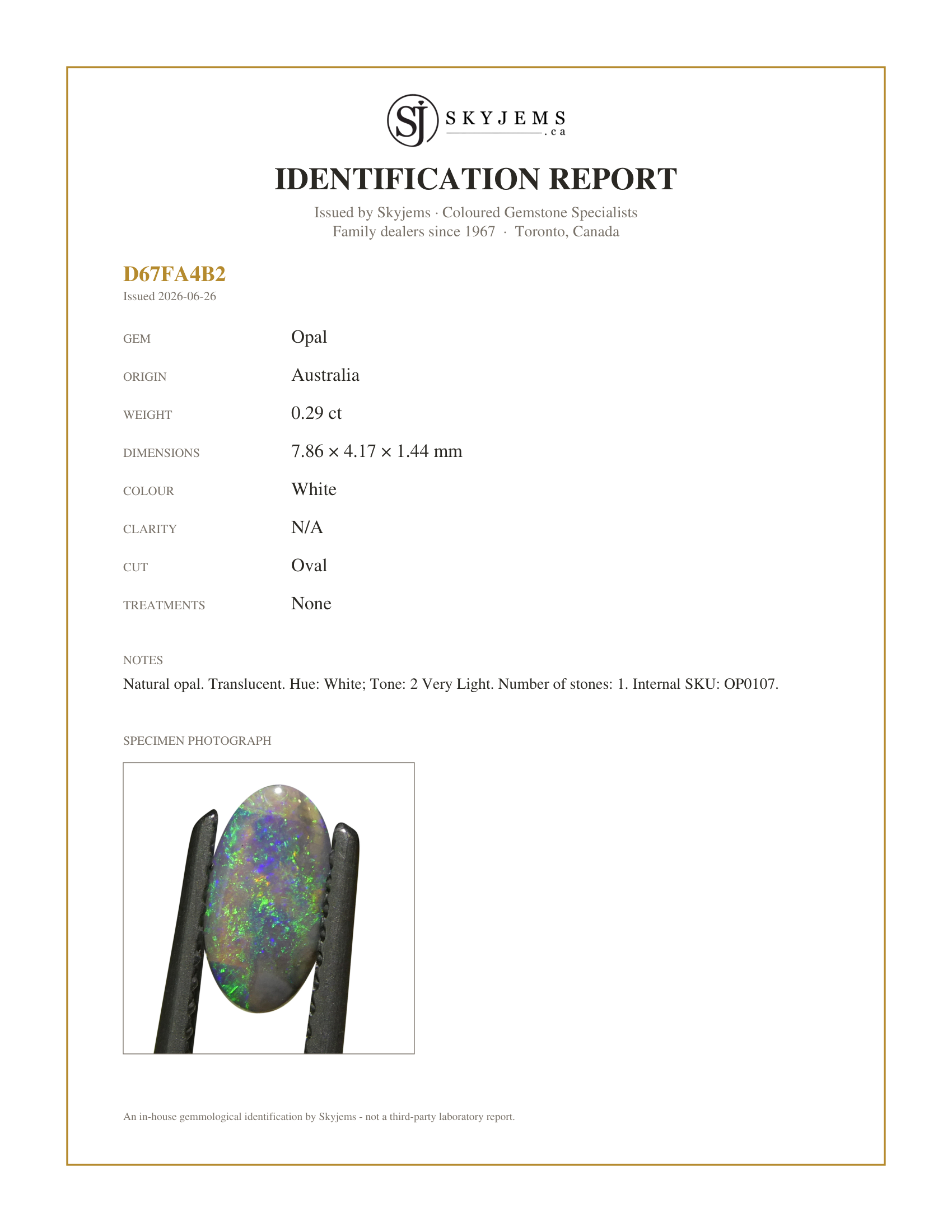 Skyjems Identification Report for OP0107 — 0.29ct Oval Cabochon White Opal from Australia
