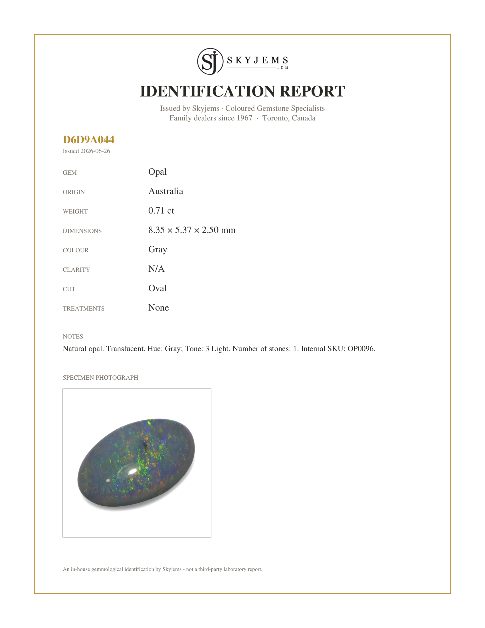 Skyjems Identification Report for OP0096 — 0.71ct Oval Cabochon Gray Opal from Australia