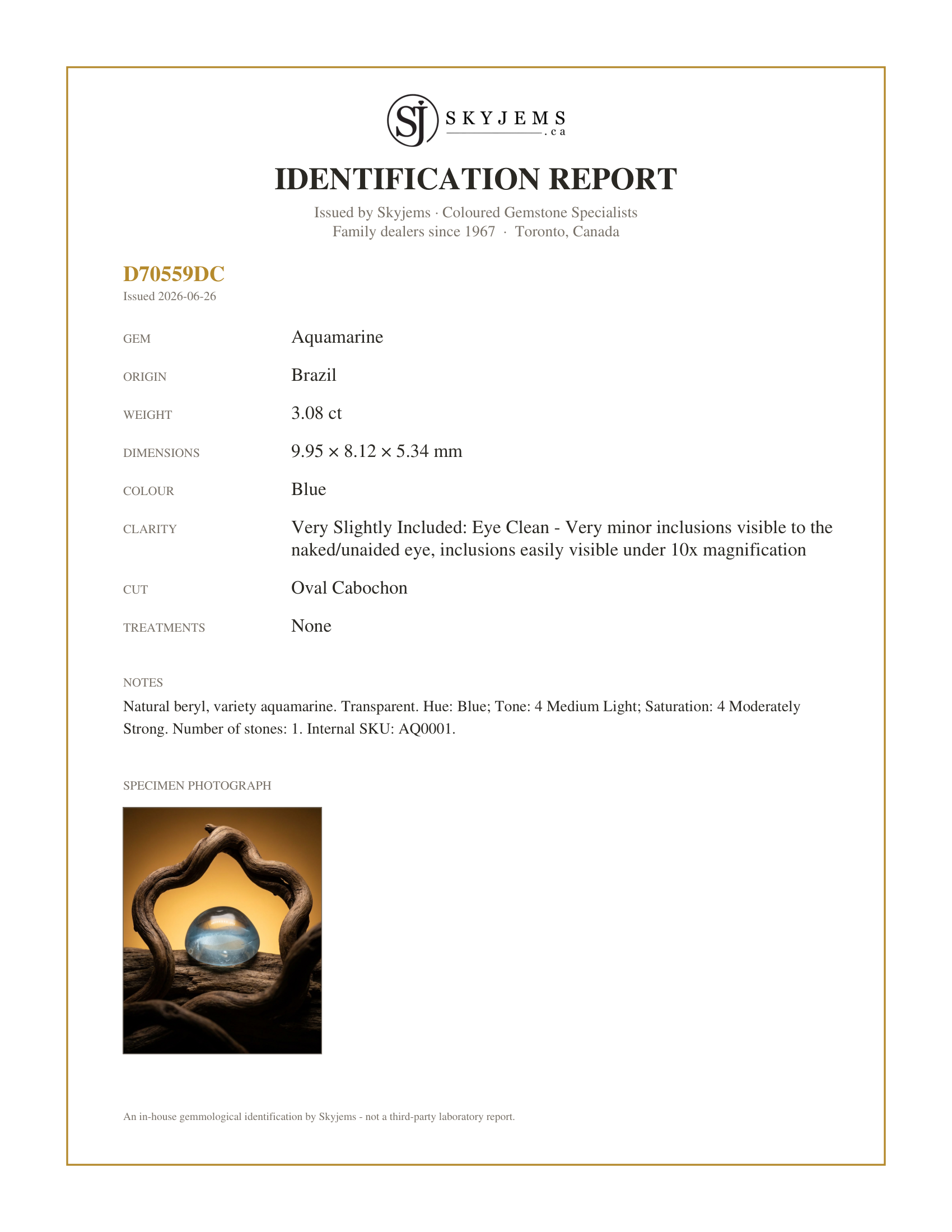 Skyjems Identification Report for AQ0001 — 3.08ct Oval Cabochon Blue Aquamarine from Brazil