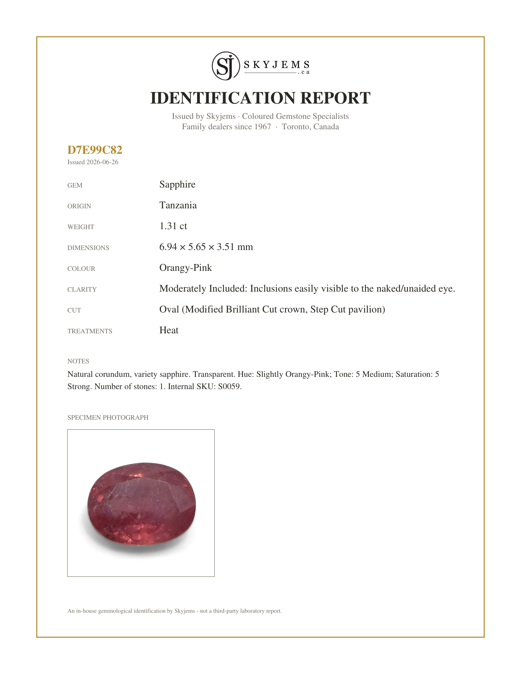 Skyjems Identification Report for S0059 — 1.31ct Oval Orangy-Pink Padparadscha Sapphire from Tanzania