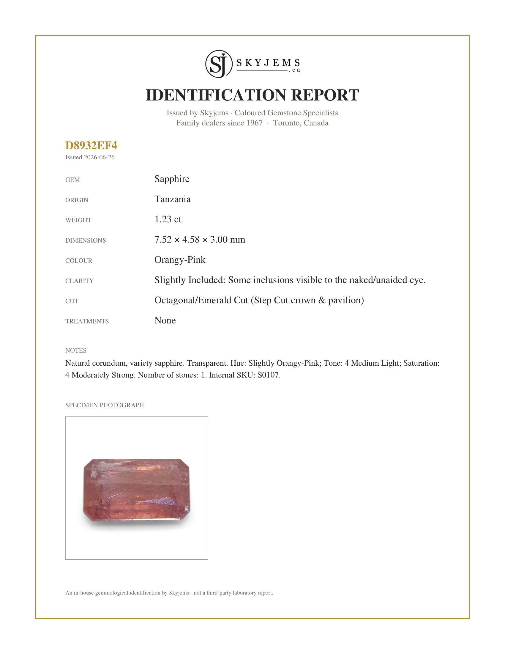Skyjems Identification Report for S0107 — 1.23ct Octagonal/Emerald Cut Orangy-Pink Padparadscha Sapphire from Tanzania Unheated