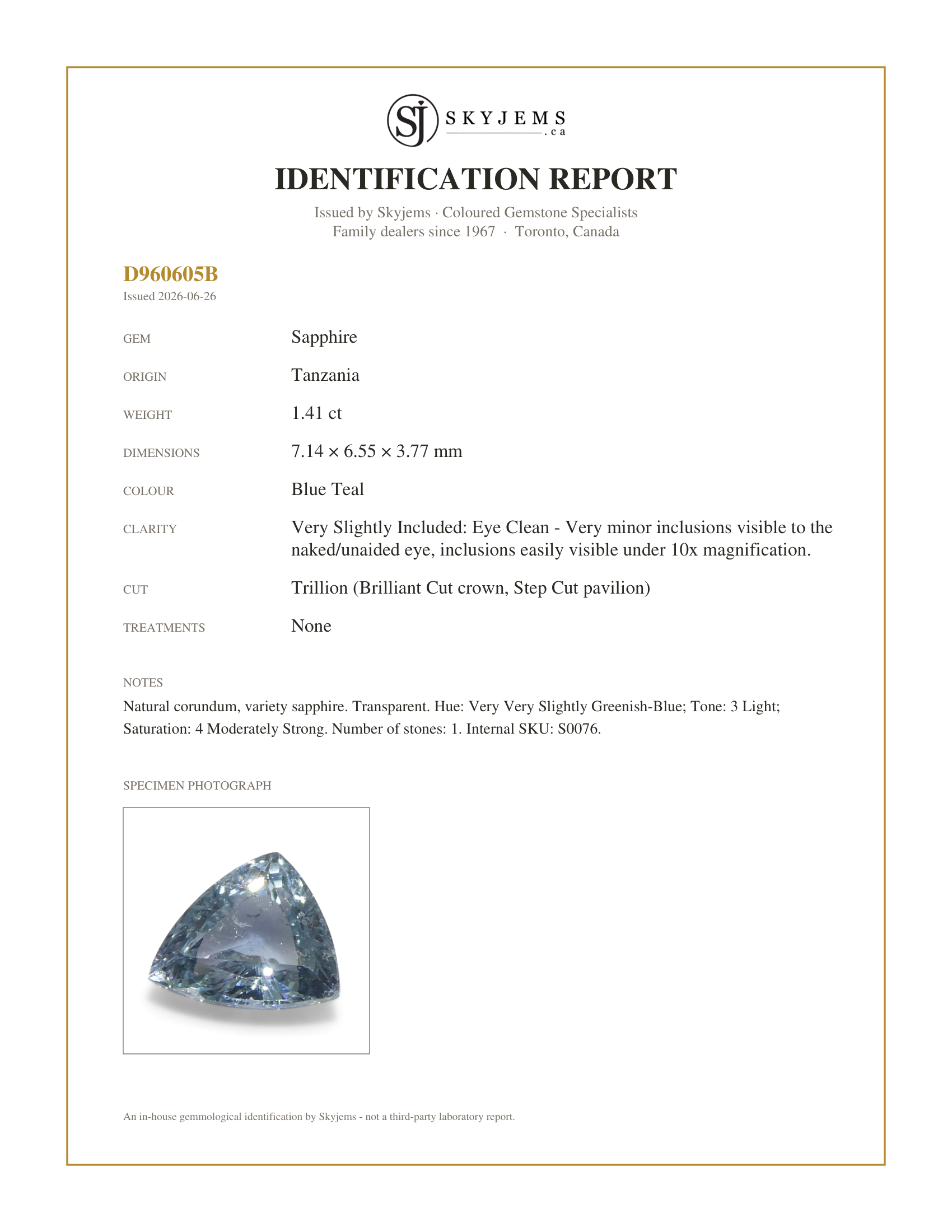 Skyjems Identification Report for S0076 — 1.41ct Trillion Blue Teal Sapphire from Tanzania, Unheated