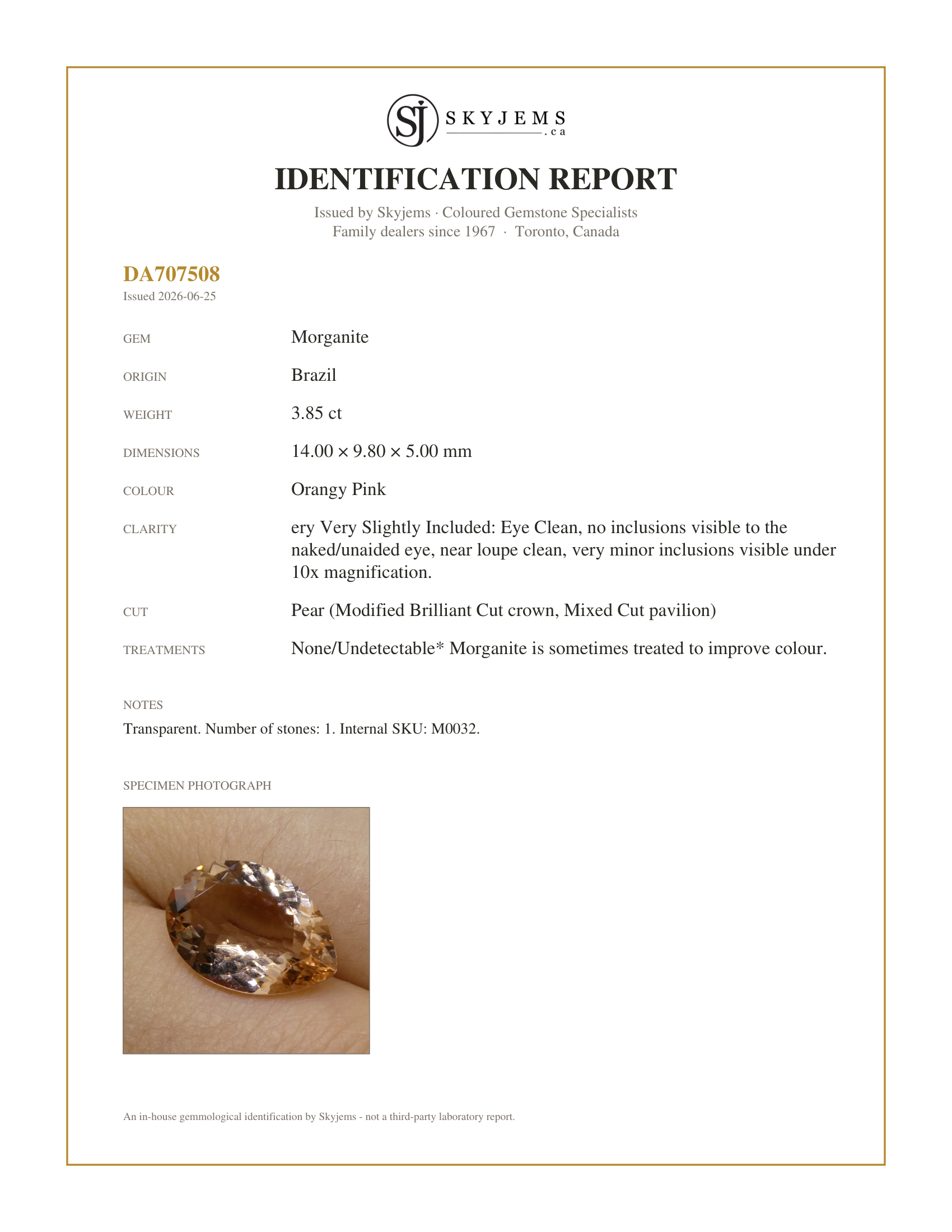 Skyjems Identification Report for M0032 — 3.85ct Pear Morganite