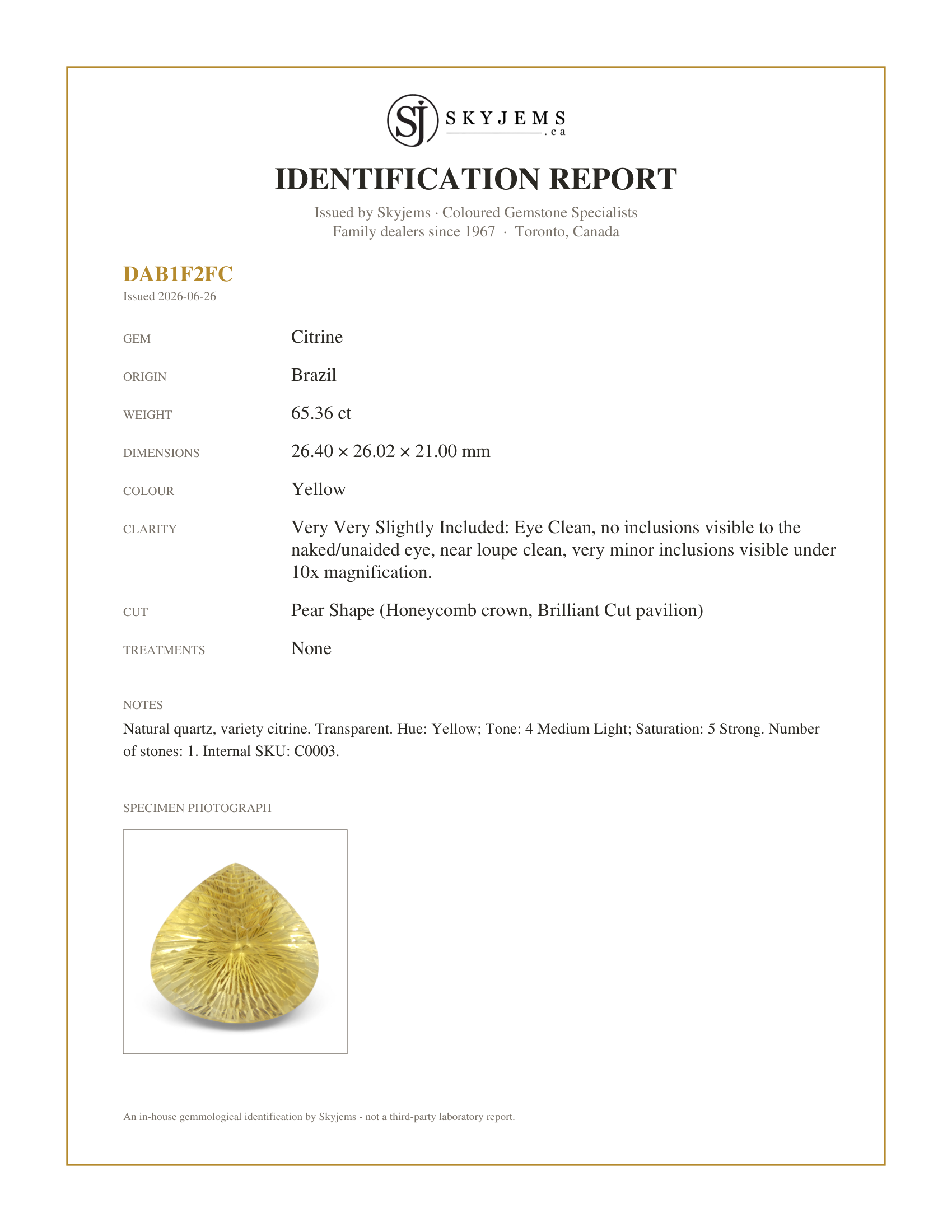 Skyjems Identification Report for C0003 — 65.36ct Pear Shape Yellow Honeycomb Starburst Citrine