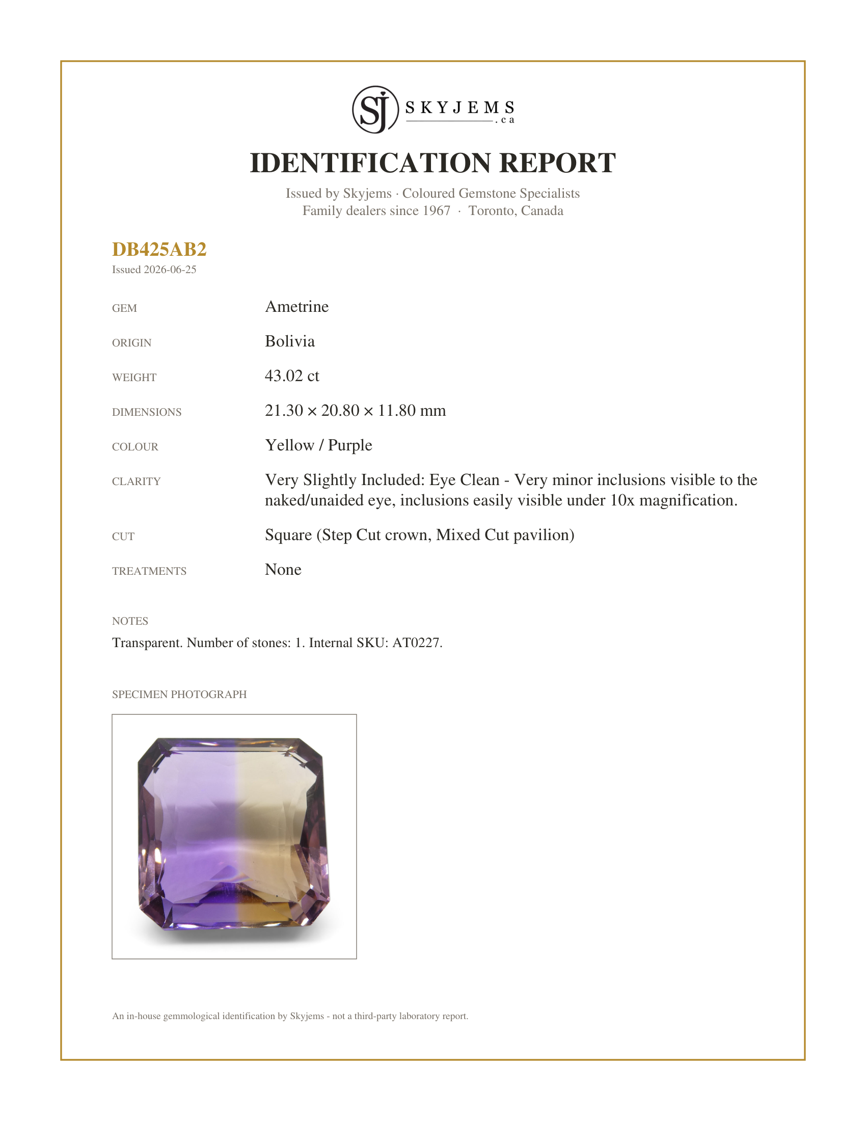 Skyjems Identification Report for AT0227 — 43.02 ct Square Ametrine, 100% Natural Very Rare Single Source Gem from Bolivia