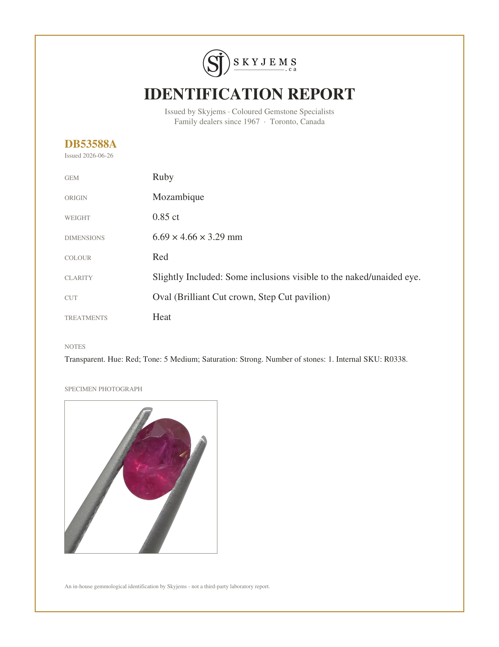 Skyjems Identification Report for R0338 — 0.85ct Oval Red Ruby from Mozambique