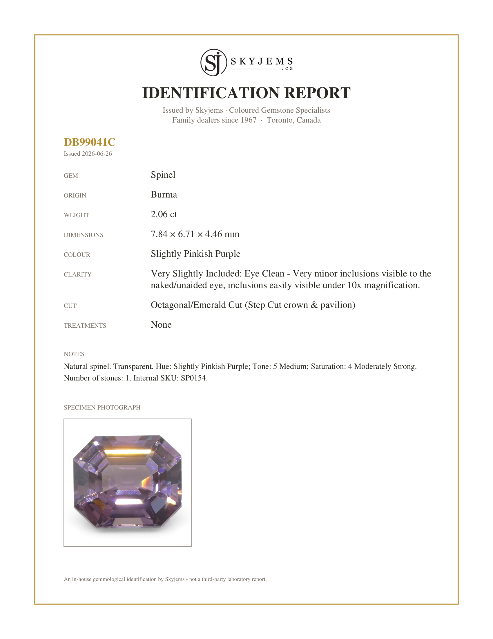 Skyjems Identification Report for SP0154 — 2.06ct Octagonal/Emerald Cut Purple Spinel from Burma Unheated