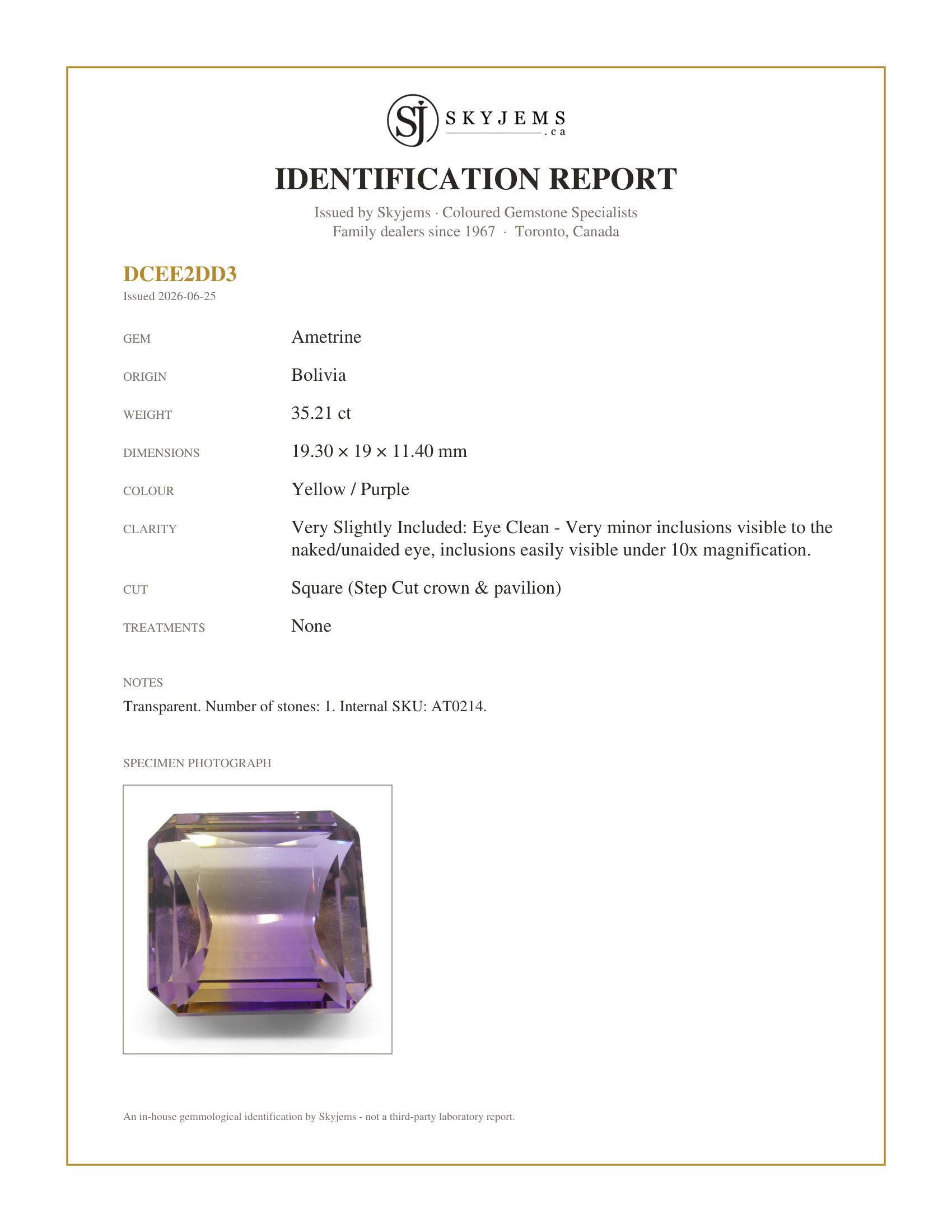 Skyjems Identification Report for AT0214 — 35.21 ct Square Ametrine, 100% Natural Very Rare Single Source Gem from Bolivia